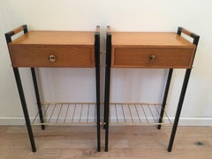 Pair of Ash and Black Metal Nightstands or Side Tables, French, 1960s