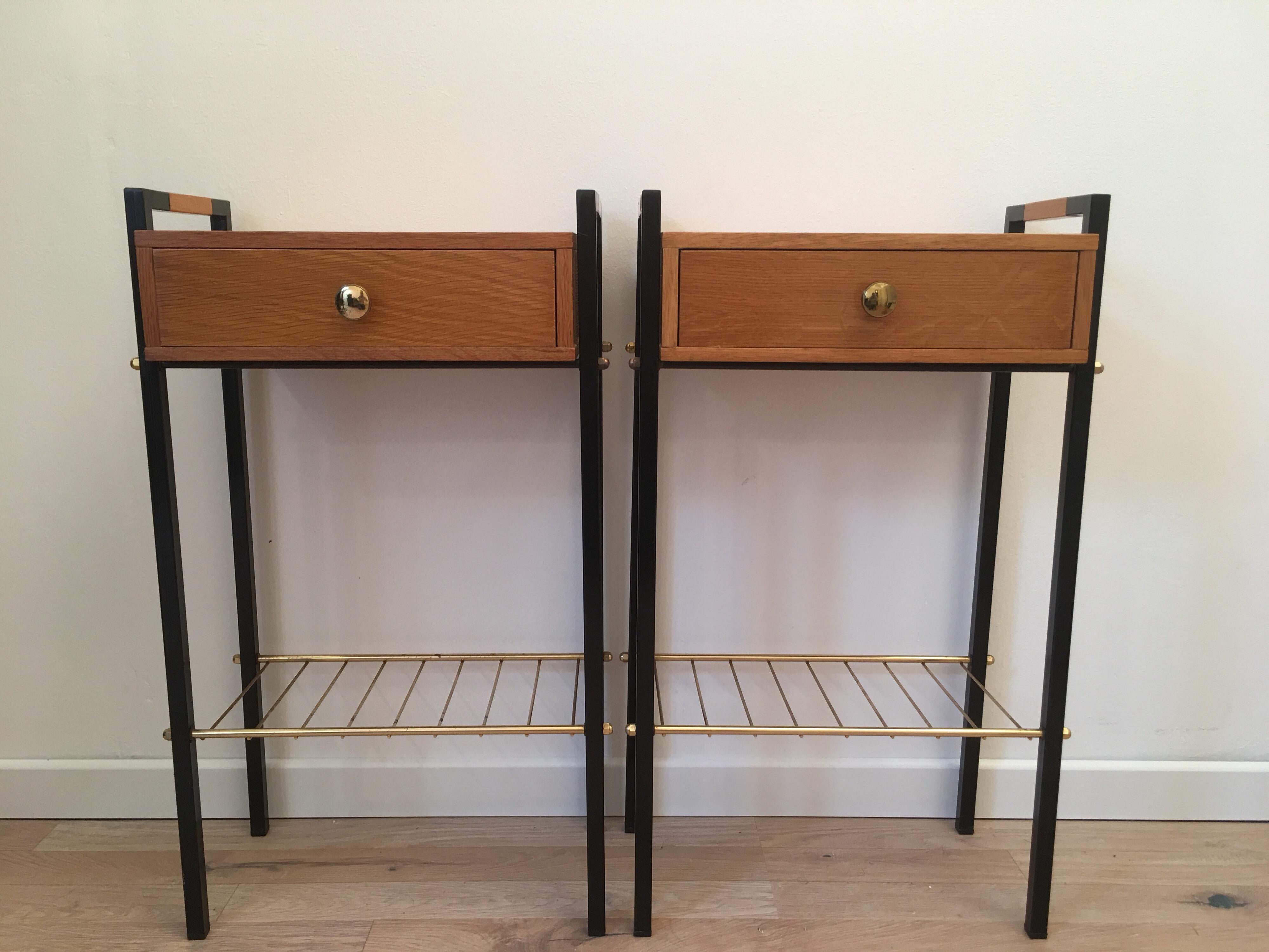 Mid-Century Modern Pair of Ash and Black Metal Nightstands or Side Tables, French, 1960s For Sale