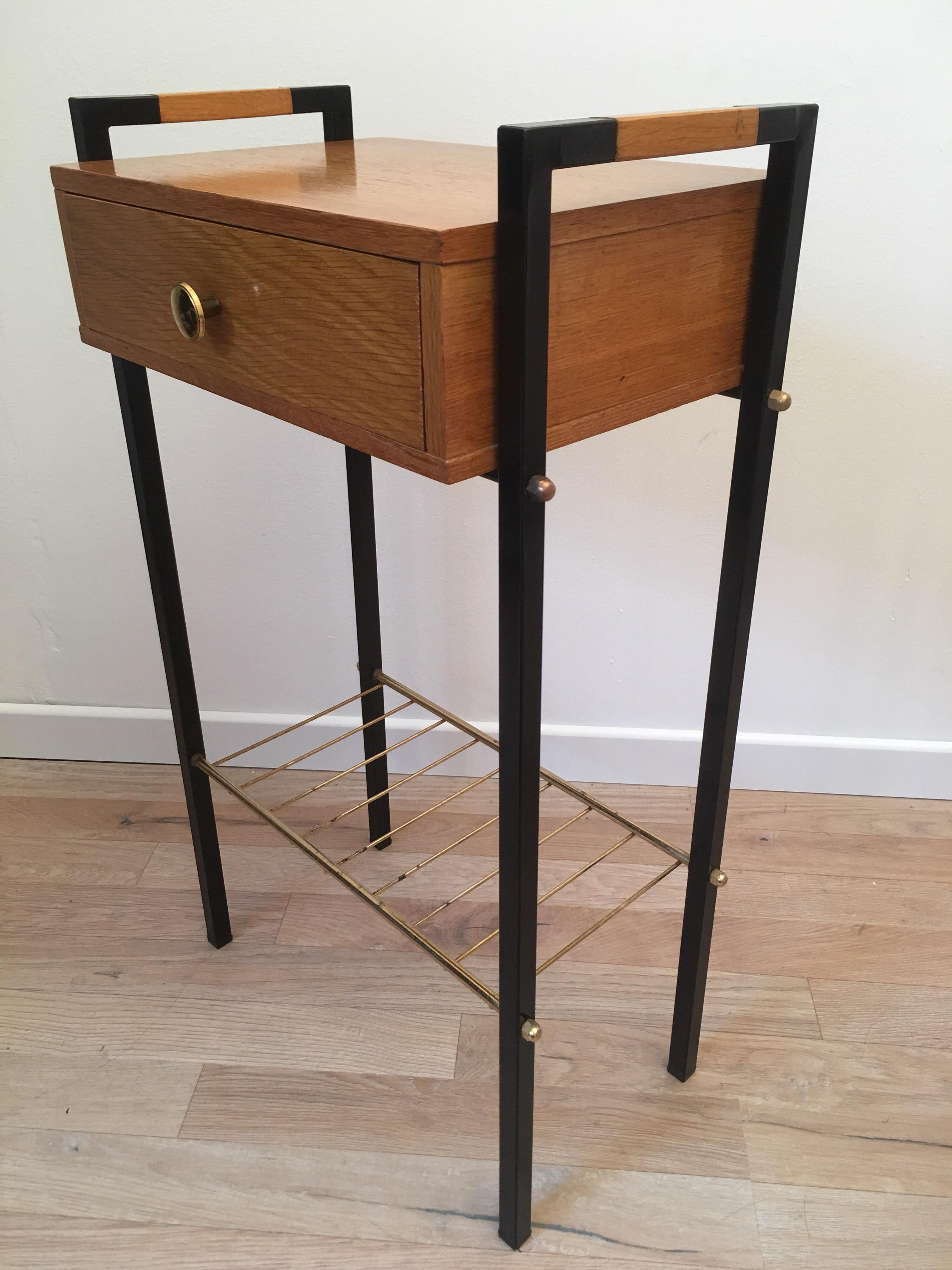 Mid-20th Century Pair of Ash and Black Metal Nightstands or Side Tables, French, 1960s For Sale