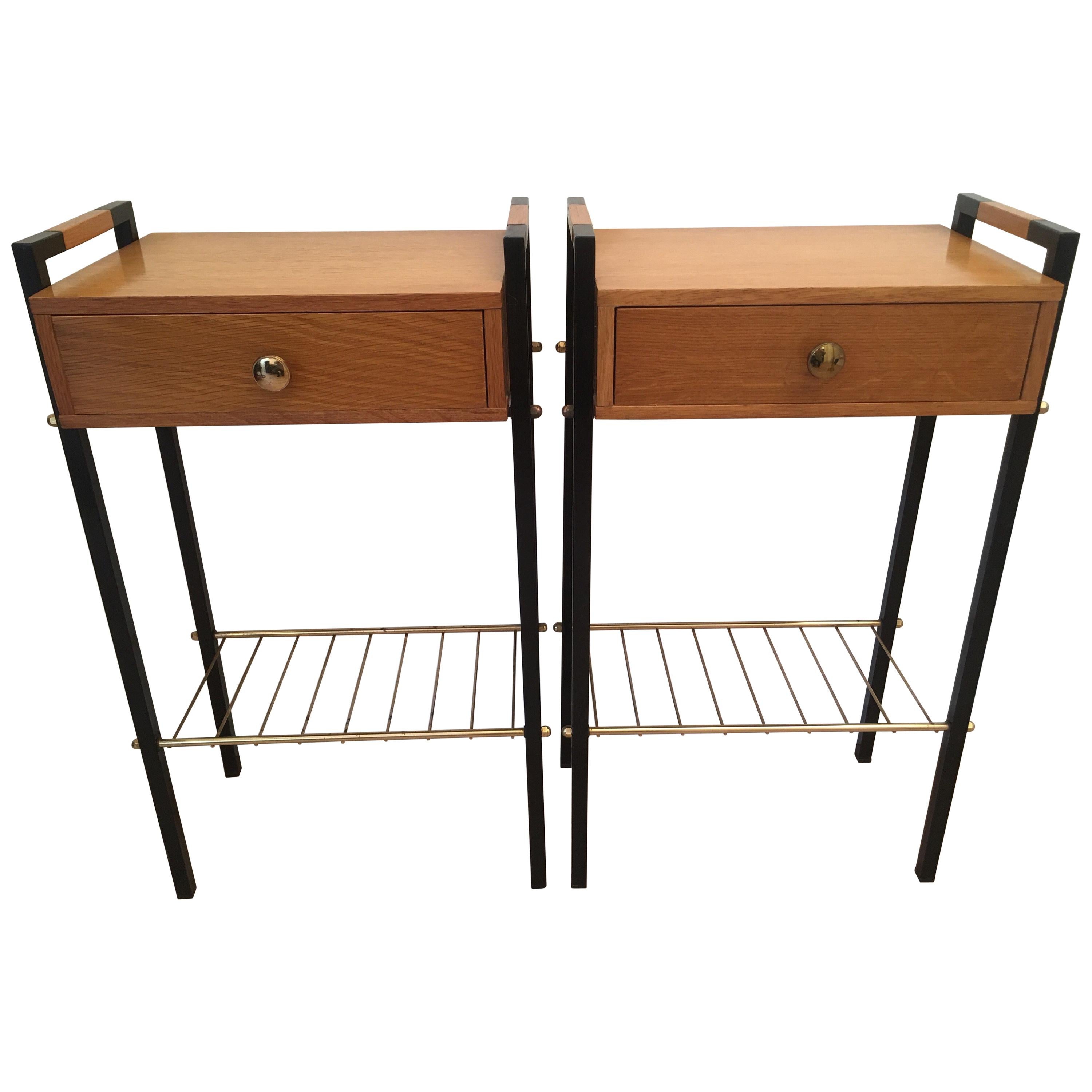 Pair of Ash and Black Metal Nightstands or Side Tables, French, 1960s For Sale