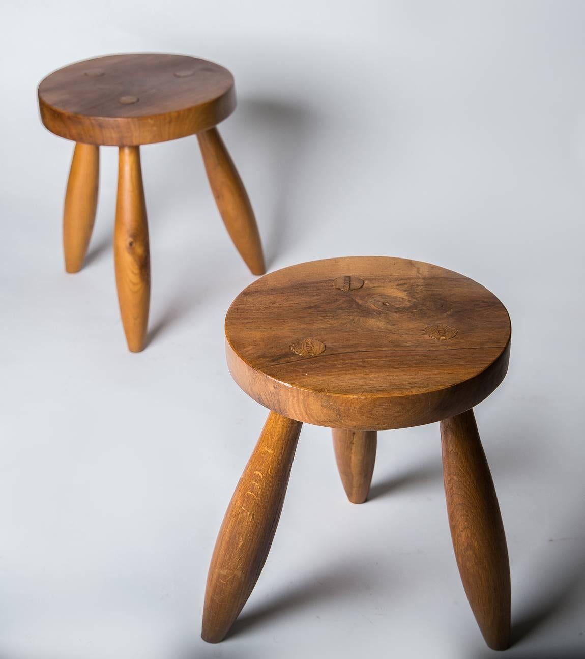 French Pair of Ash Stools in the Style of Charlotte Perriand, France, circa Late 1950s