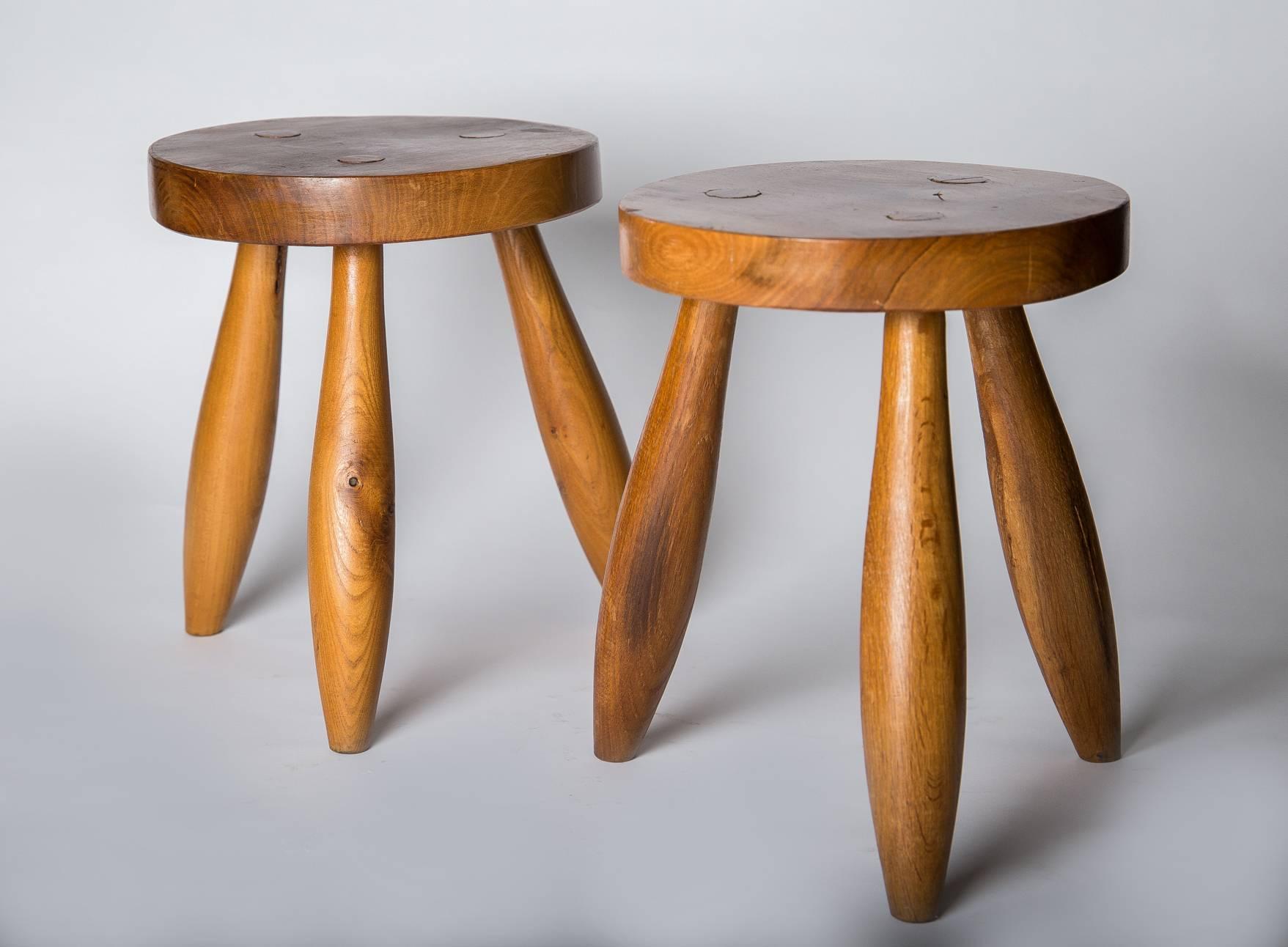 Mid-20th Century Pair of Ash Stools in the Style of Charlotte Perriand, France, circa Late 1950s