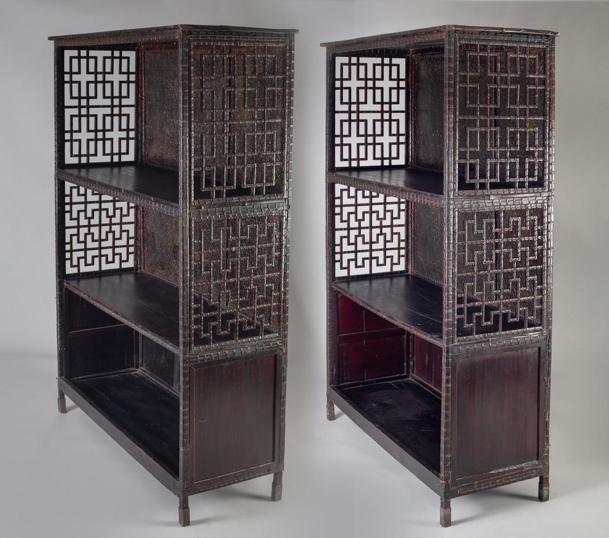 Chinese Export Pair of Asian Bamboo Open Cabinets For Sale