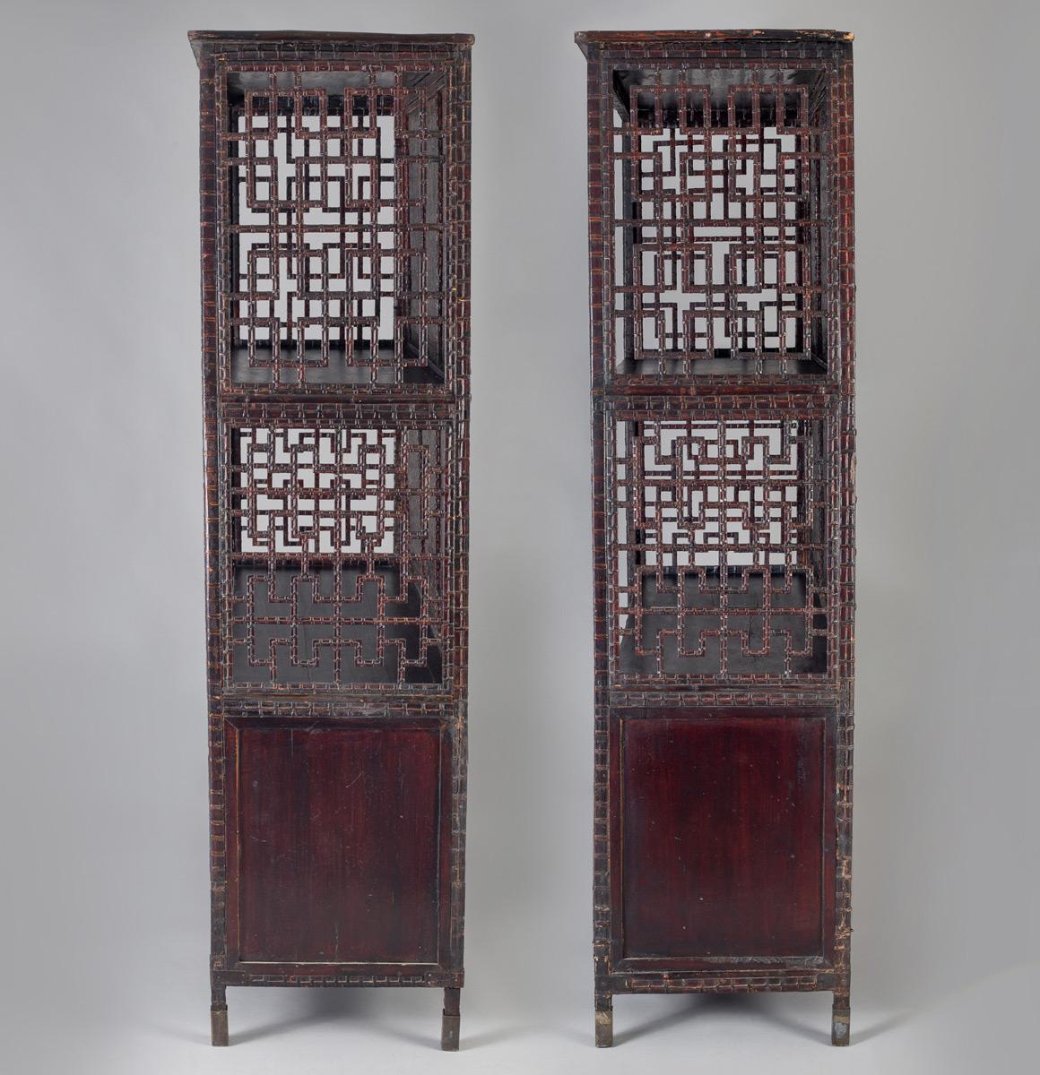 Japanned Pair of Asian Bamboo Open Cabinets For Sale