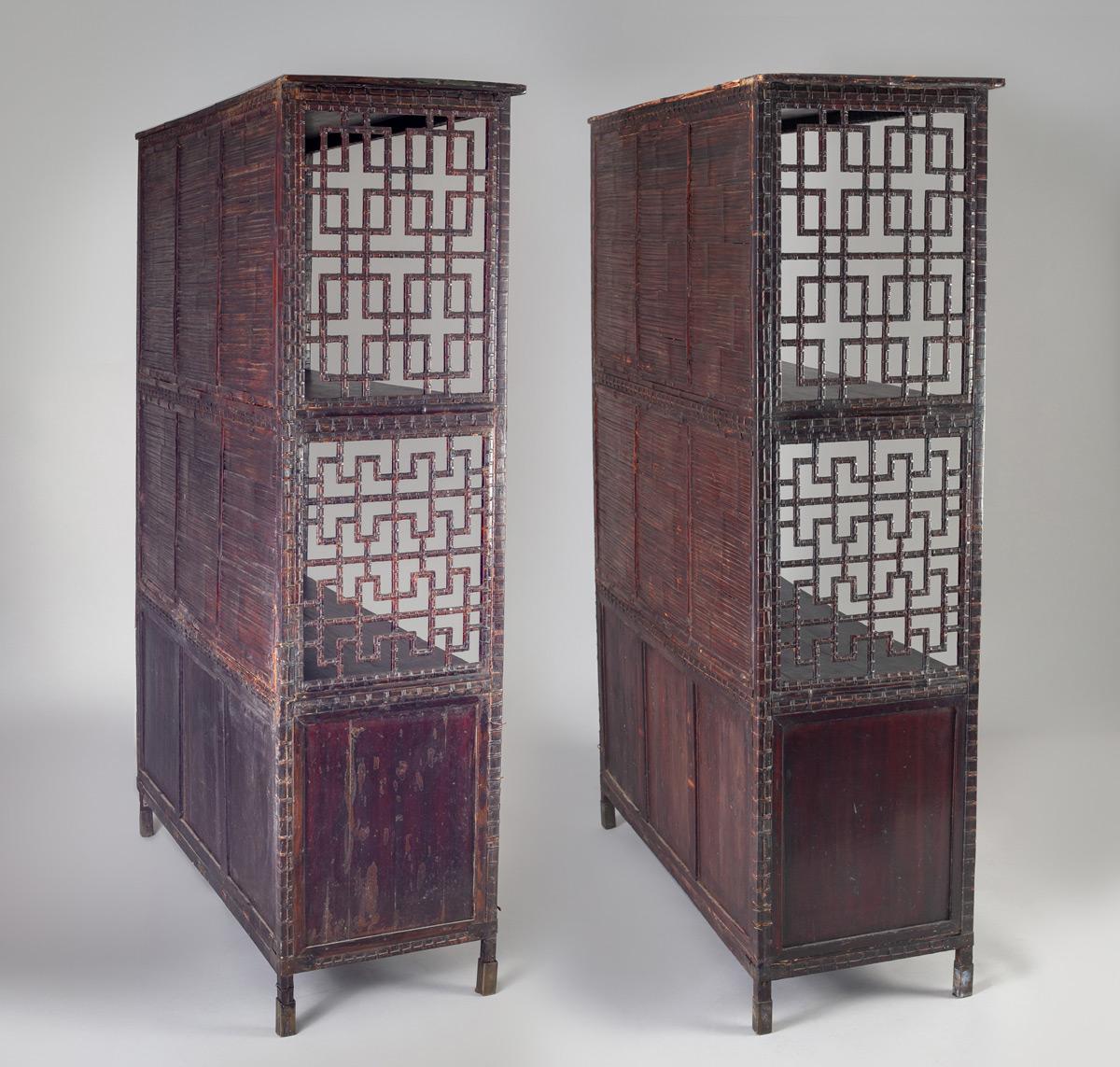 Pair of Asian Bamboo Open Cabinets In Fair Condition For Sale In Sheffield, MA