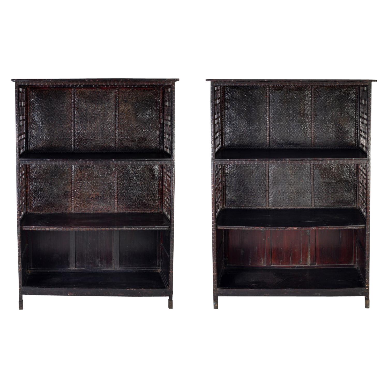 Pair of Asian Bamboo Open Cabinets For Sale