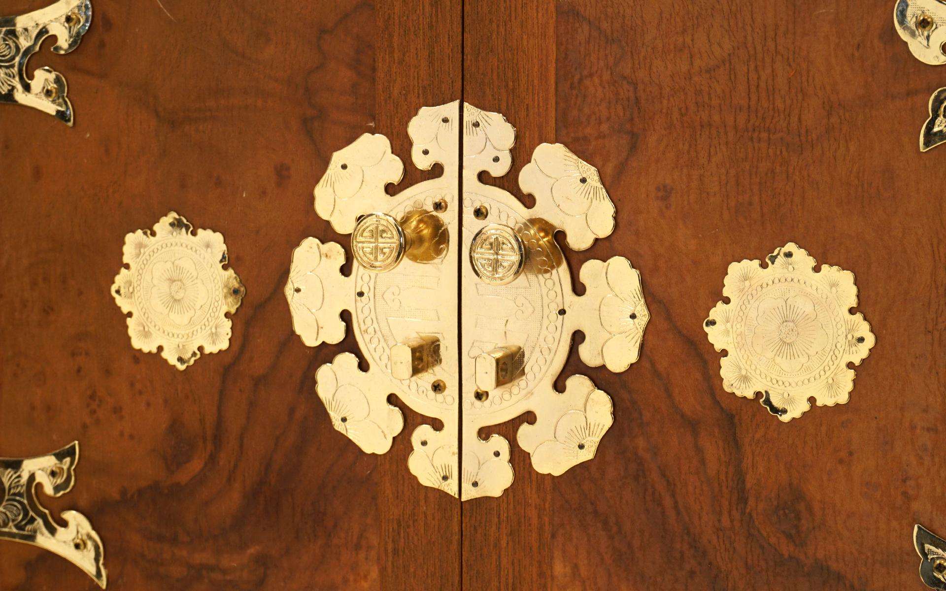 Korean Pair of Asian Bandaji Mahogany Burlwood Chests, Ornate Brass Butterfly Hardware