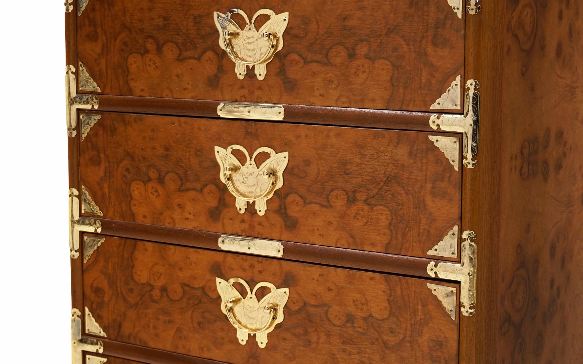 Pair of Asian Bandaji Mahogany Burlwood Chests, Ornate Brass Butterfly Hardware In Good Condition In Kansas City, MO