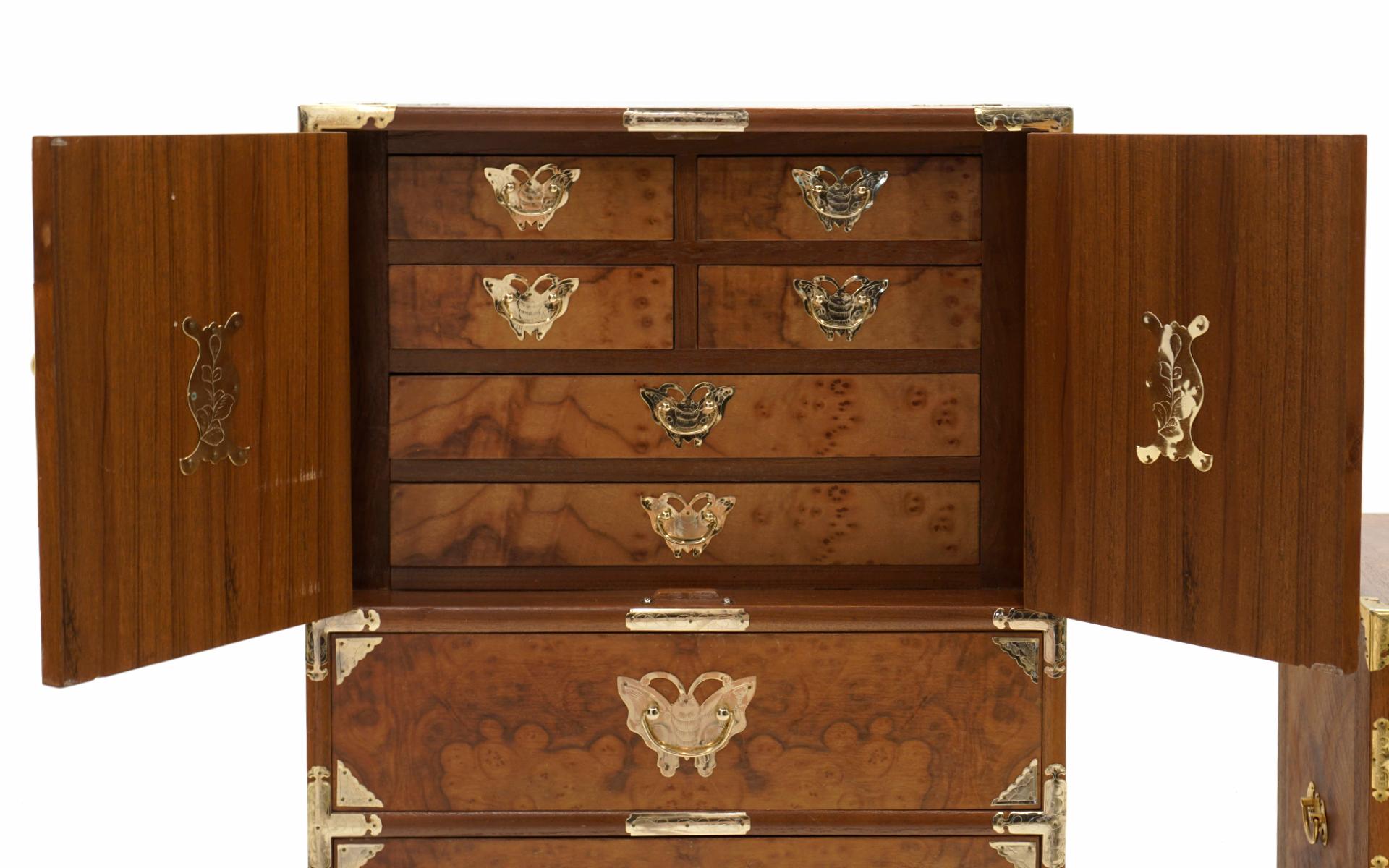 Pair of Asian Bandaji Mahogany Burlwood Chests, Ornate Brass Butterfly Hardware 2