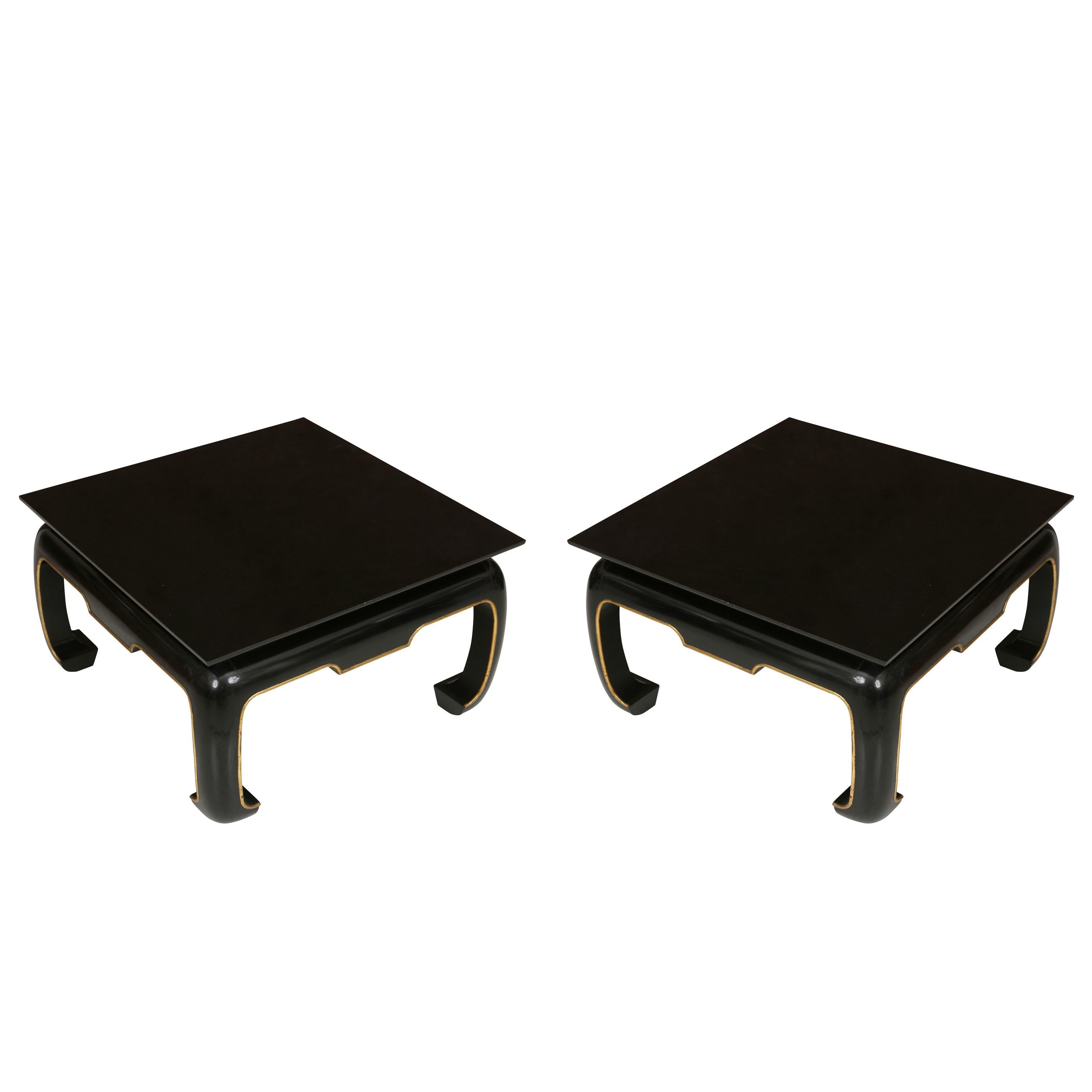 A gorgeous pair of asian square coffee tables, newly lacquered and refinished with ming and gilt detail!