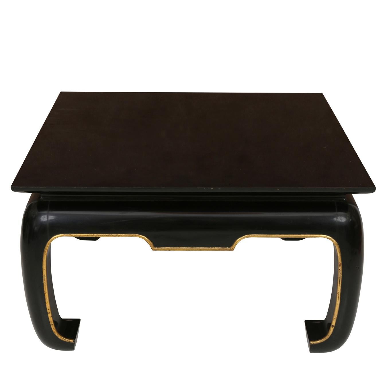 Ming Pair of Asian Black Lacquered Square Coffee Tables with Gilt Detail For Sale