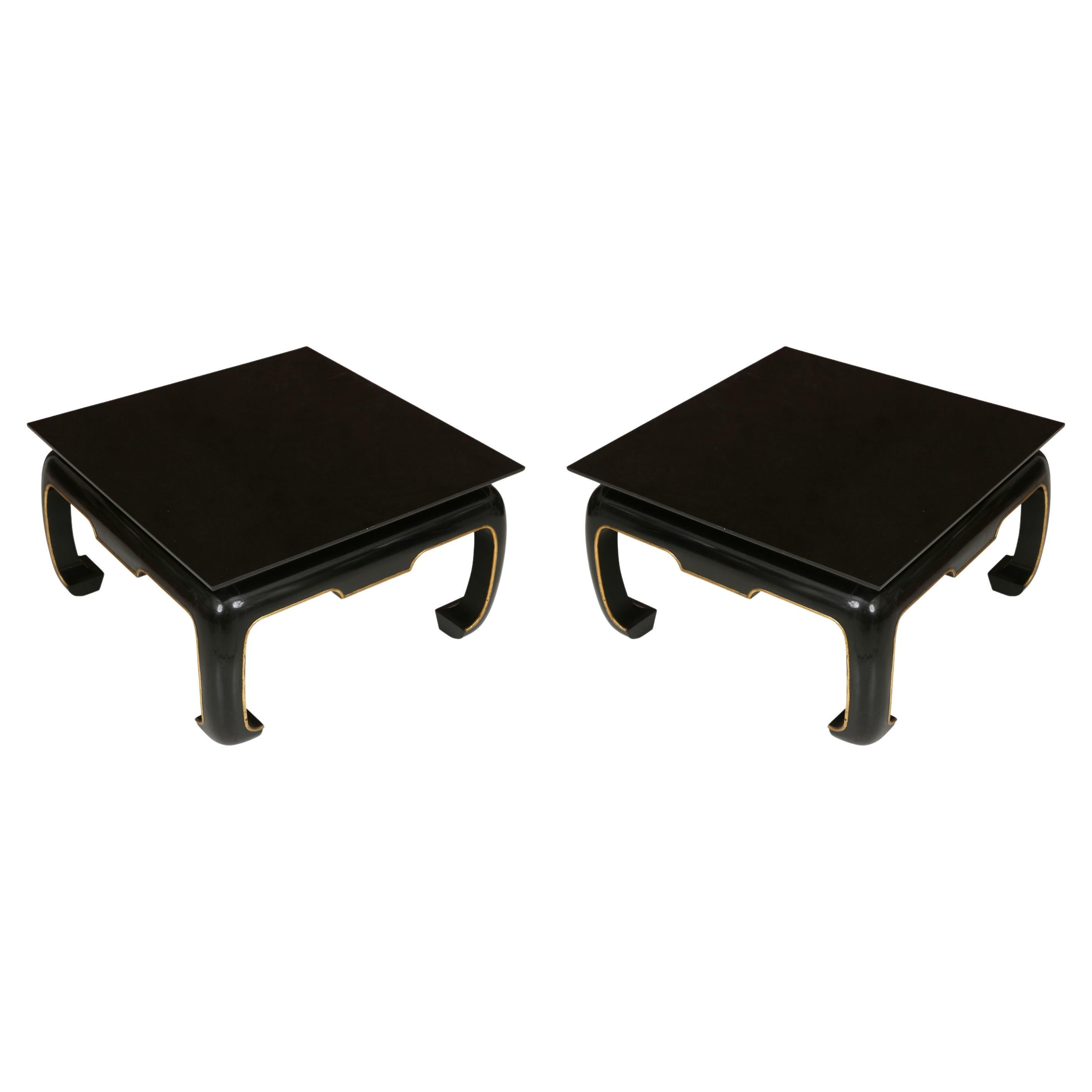 Pair of Asian Black Lacquered Square Coffee Tables with Gilt Detail For Sale