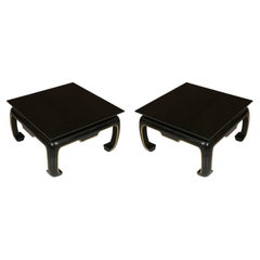 Pair of Asian Black Lacquered Square Coffee Tables with Gilt Detail