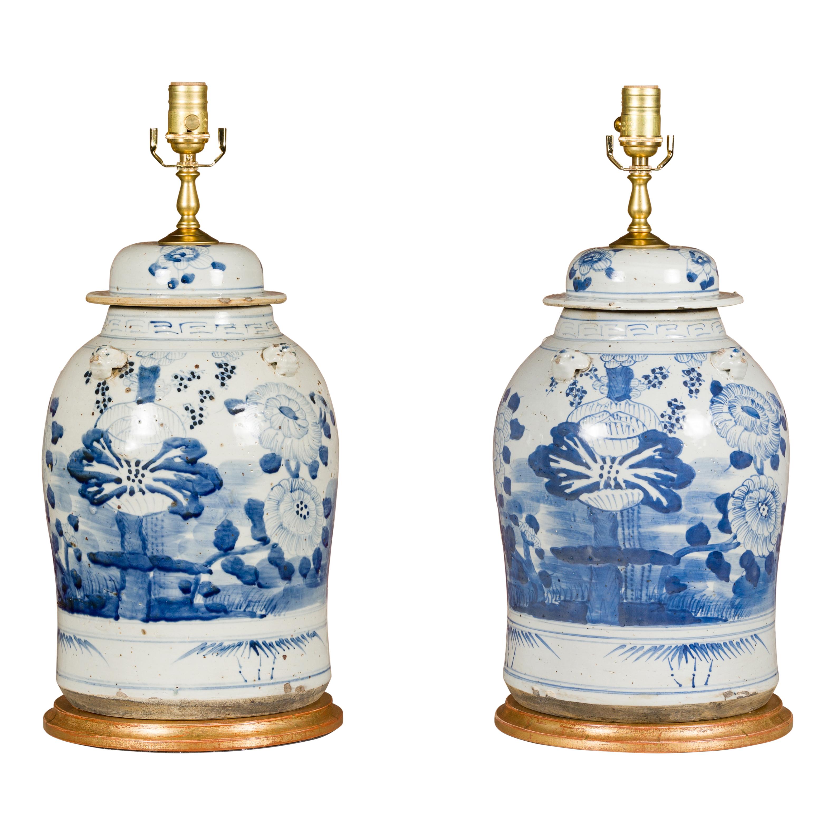 Pair of Asian Blue and White Porcelain Jars Made into Wired Table Lamps For Sale 13