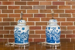 Pair of Asian Blue and White Porcelain Jars Table Lamps, Wired for the USA