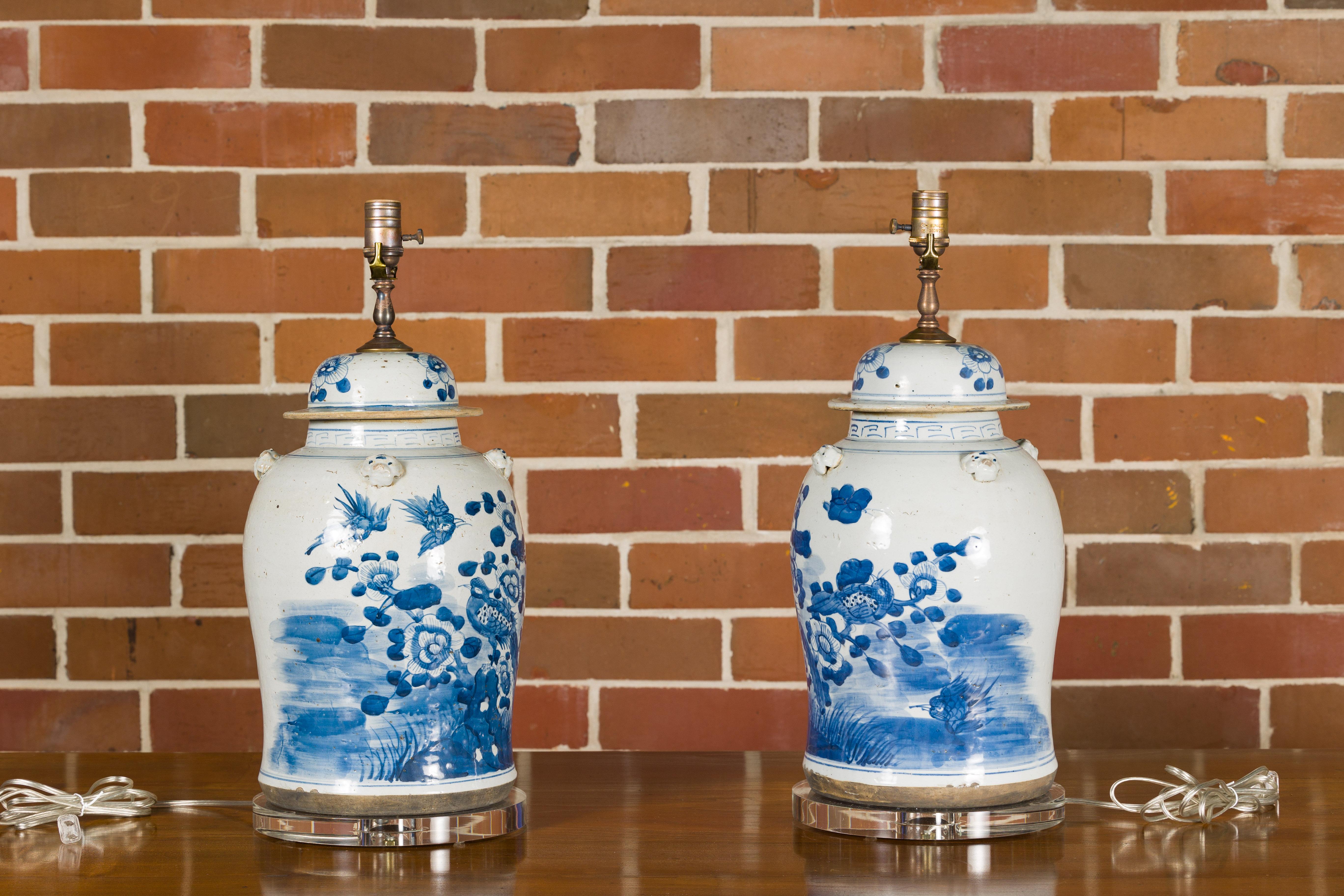 Hand-Painted Pair of Asian Blue and White Porcelain Jars Made into Wired Table Lamps