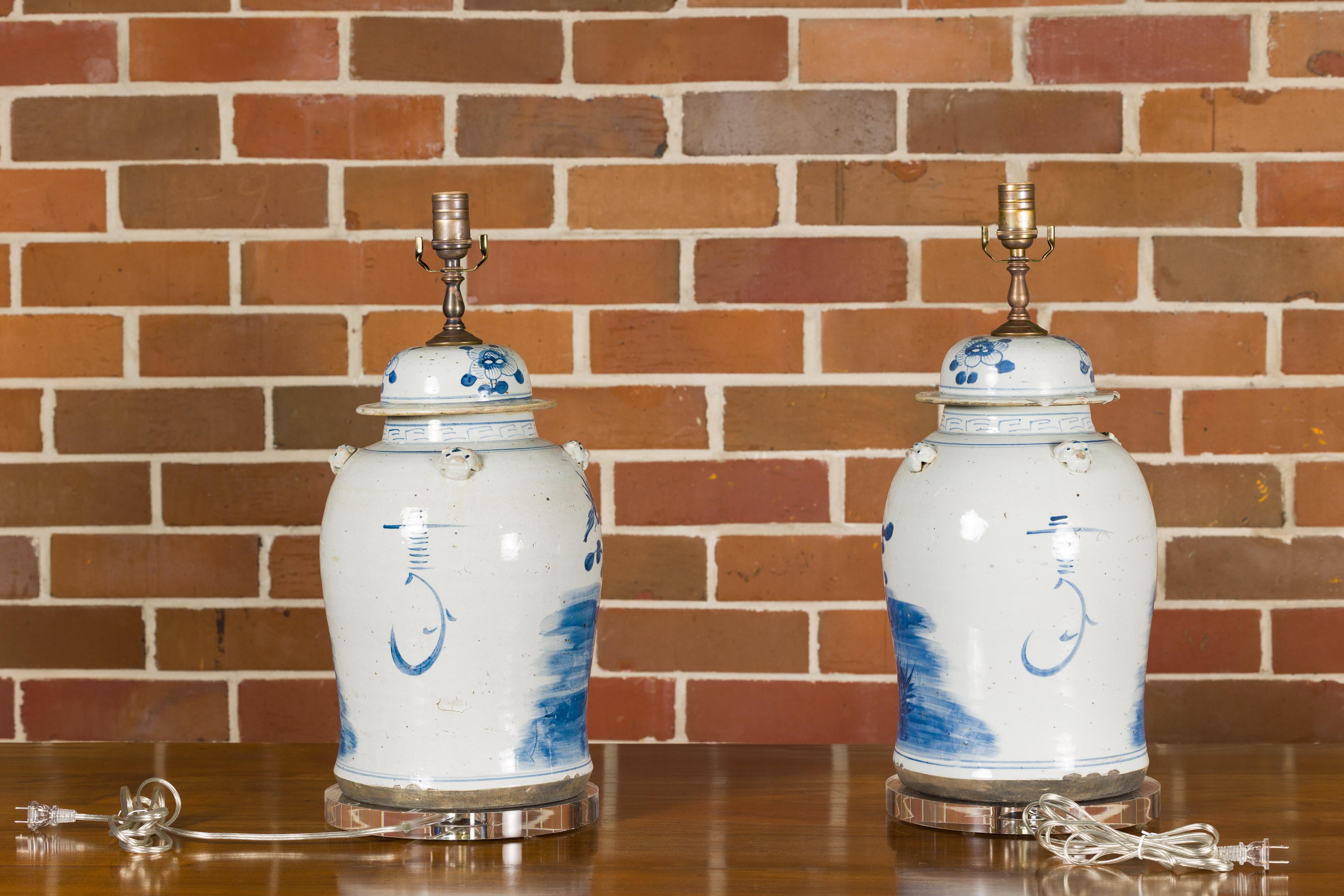 Pair of Asian Blue and White Porcelain Jars Made into Wired Table Lamps In Good Condition For Sale In Atlanta, GA
