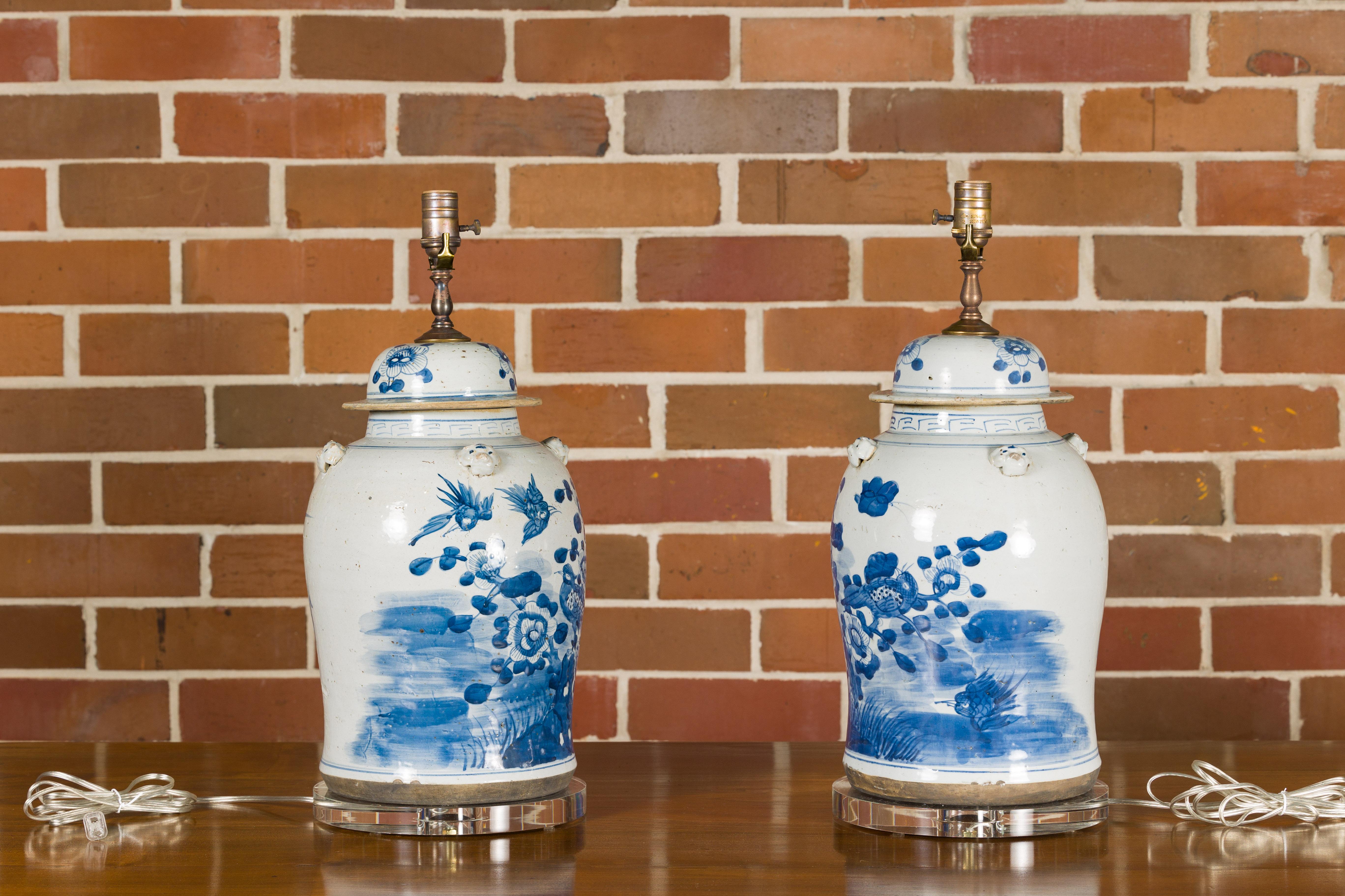 Contemporary Pair of Asian Blue and White Porcelain Jars Made into Wired Table Lamps For Sale