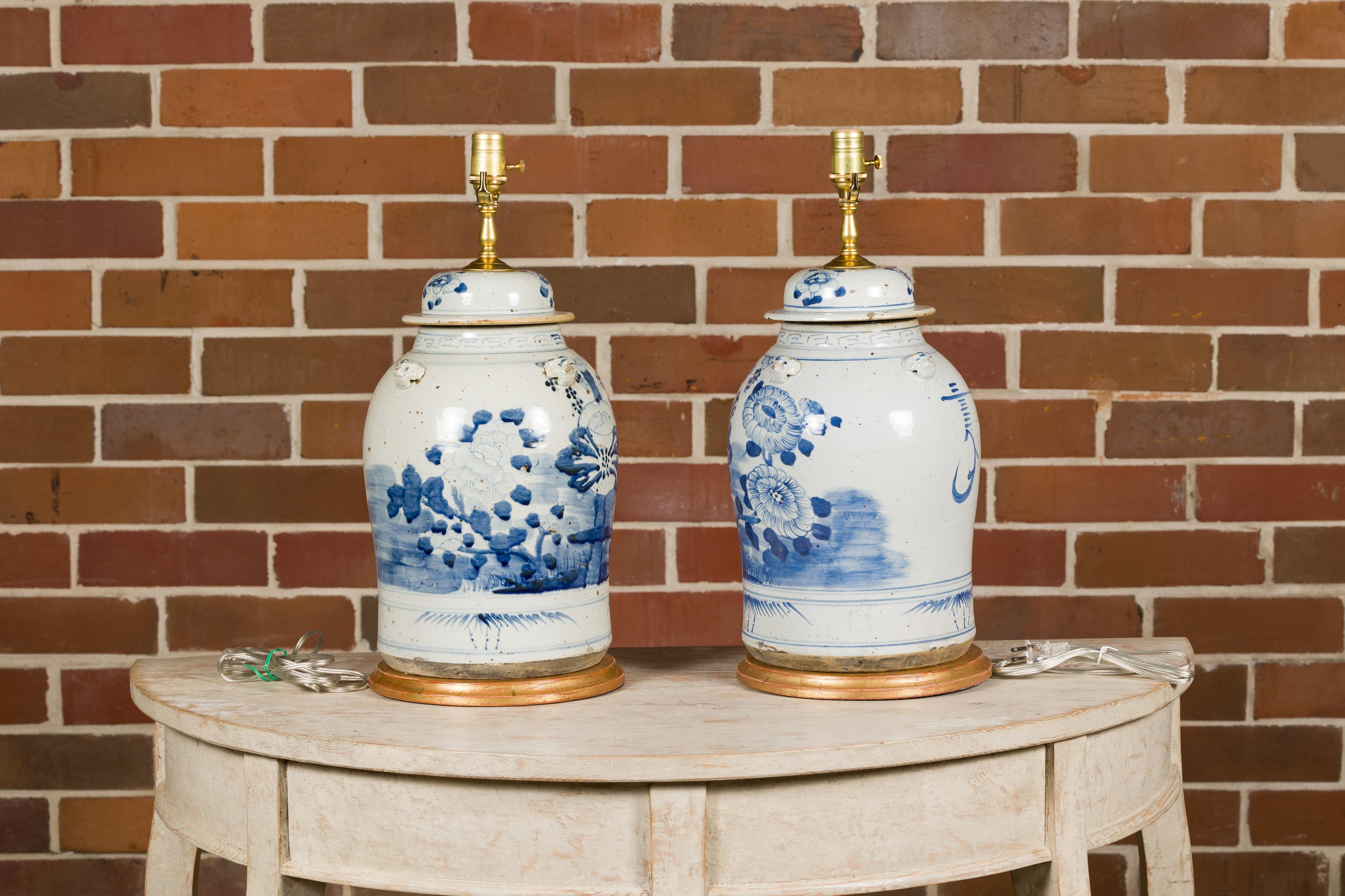 20th Century Pair of Asian Blue and White Porcelain Jars Made into Wired Table Lamps For Sale