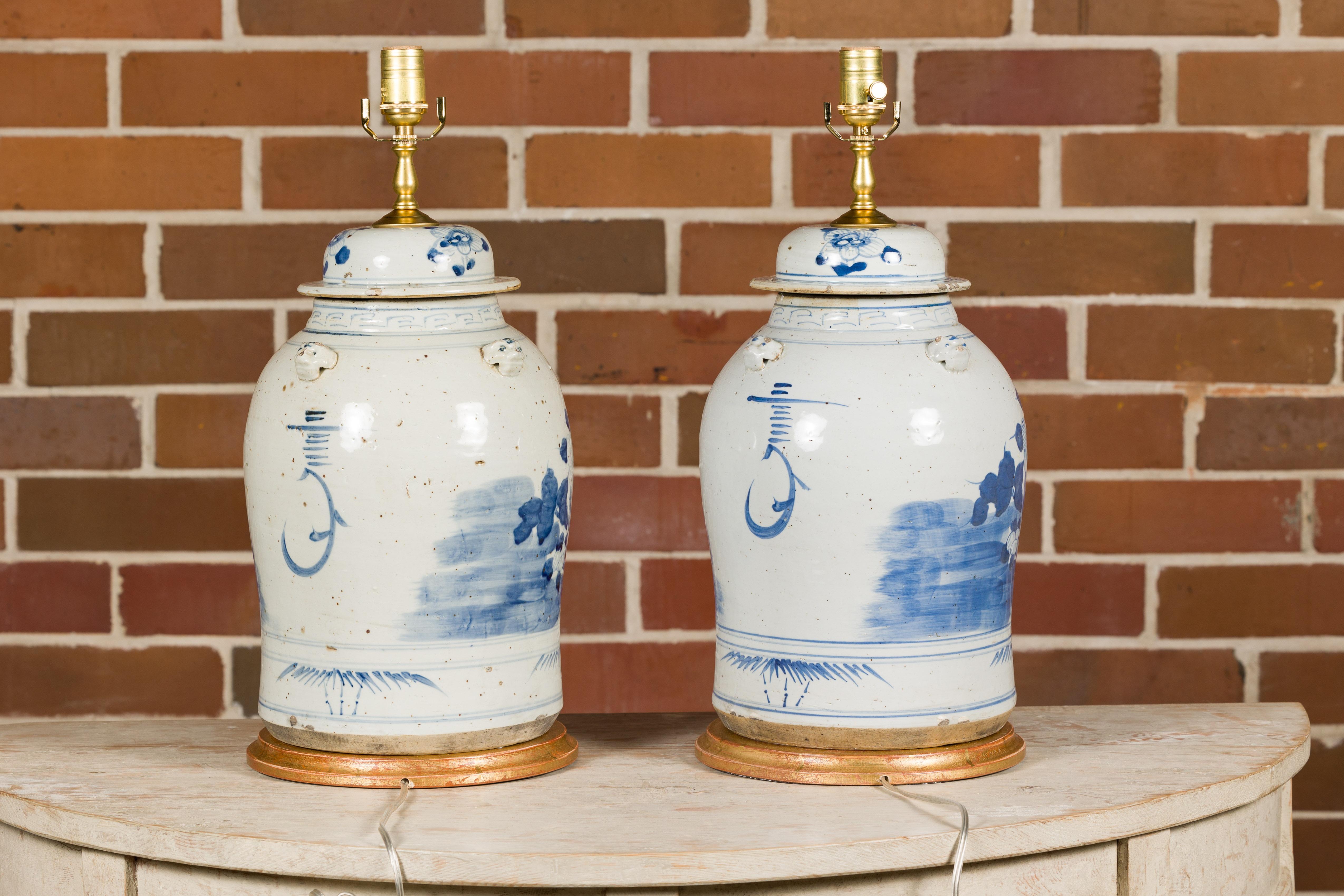 Wood Pair of Asian Blue and White Porcelain Jars Made into Wired Table Lamps For Sale