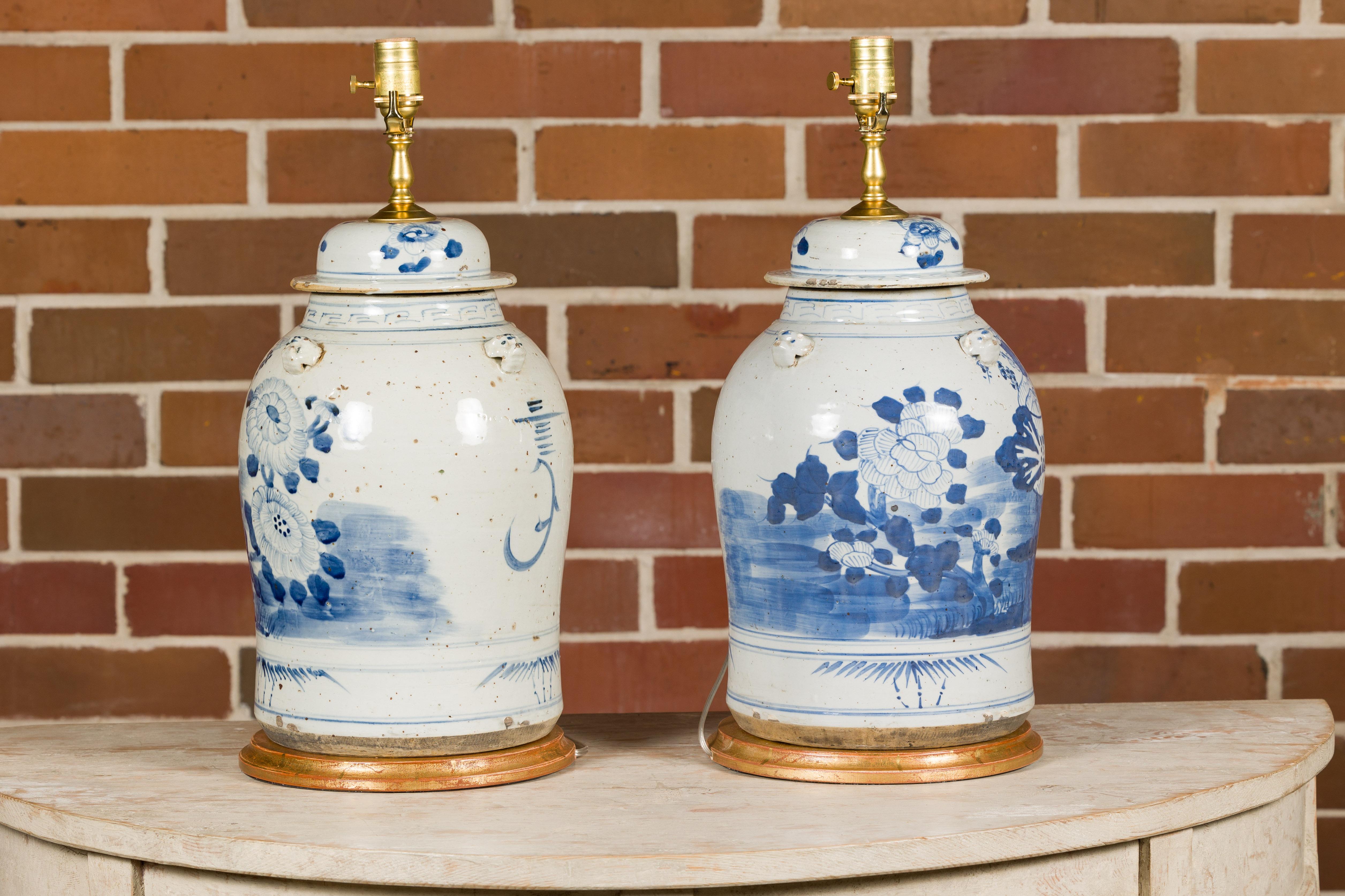 Pair of Asian Blue and White Porcelain Jars Made into Wired Table Lamps For Sale 1