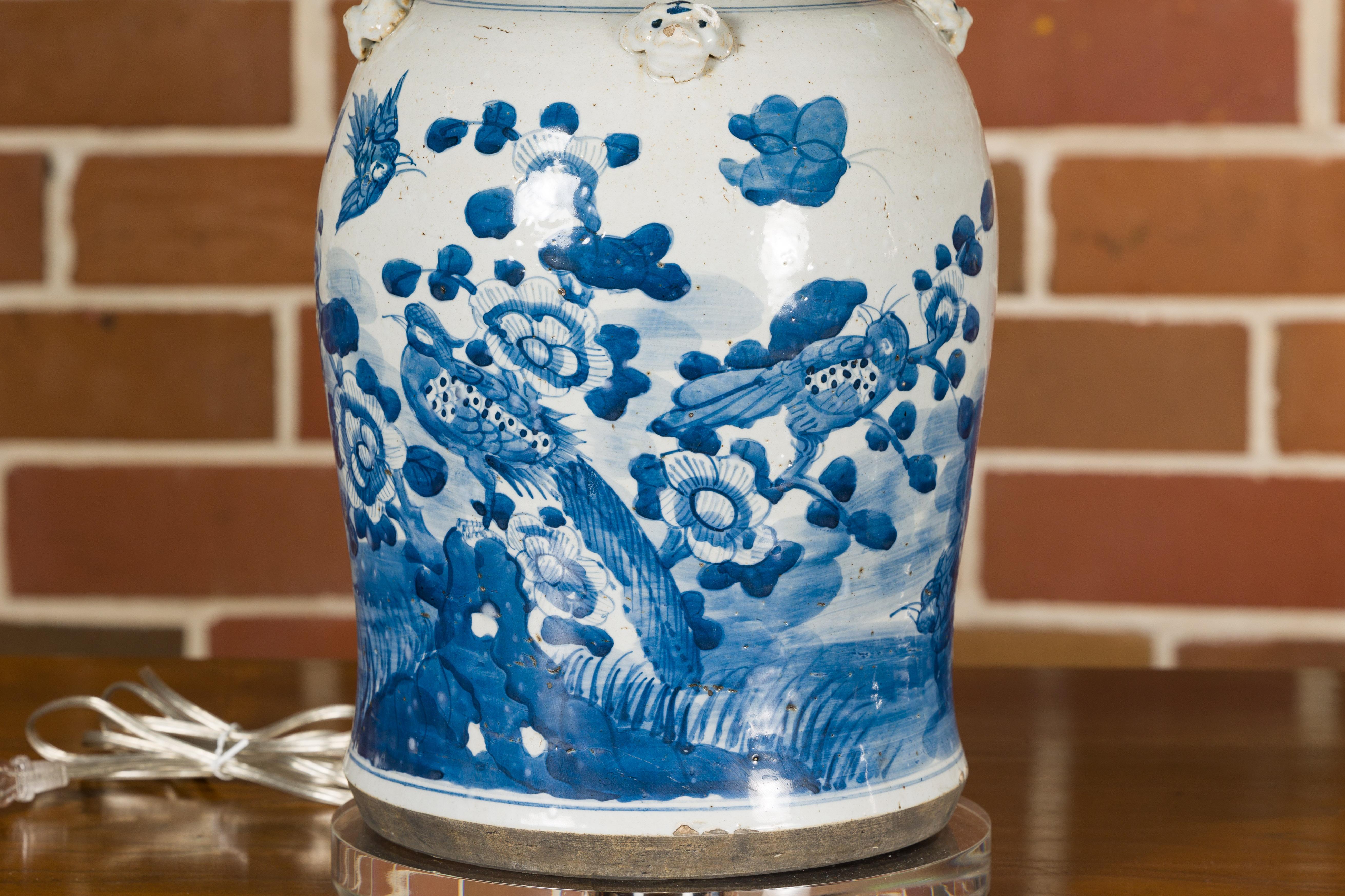 Pair of Asian Blue and White Porcelain Jars Made into Wired Table Lamps For Sale 4
