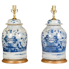 Vintage Pair of Asian Blue and White Porcelain Jars Made into Wired Table Lamps