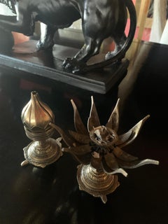 Pair of Asian Brass Lotus Expandable Incense Candle Holders
