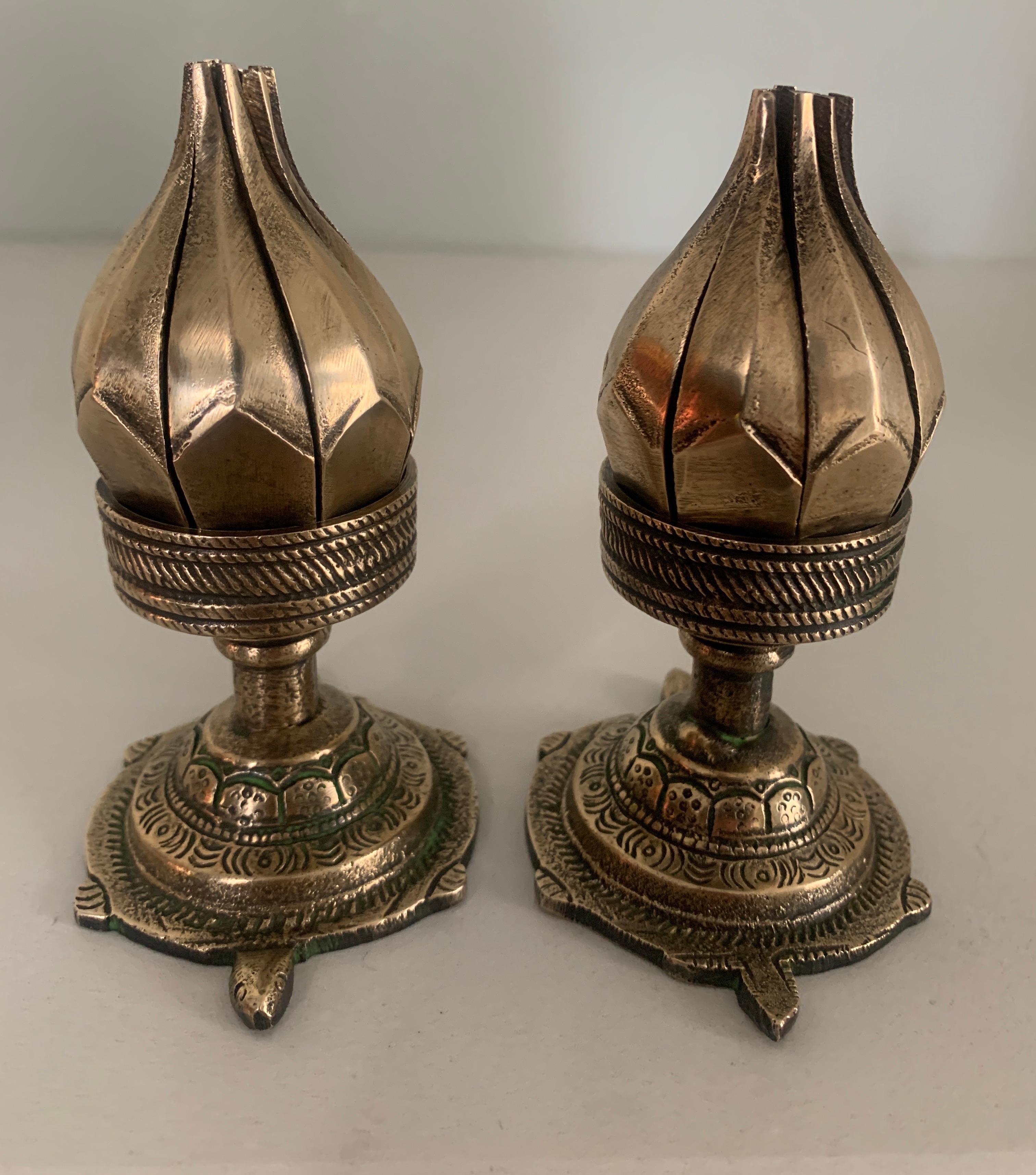 Mid-Century Modern Pair of Asian Brass Lotus Expandable Incense Candle Holders