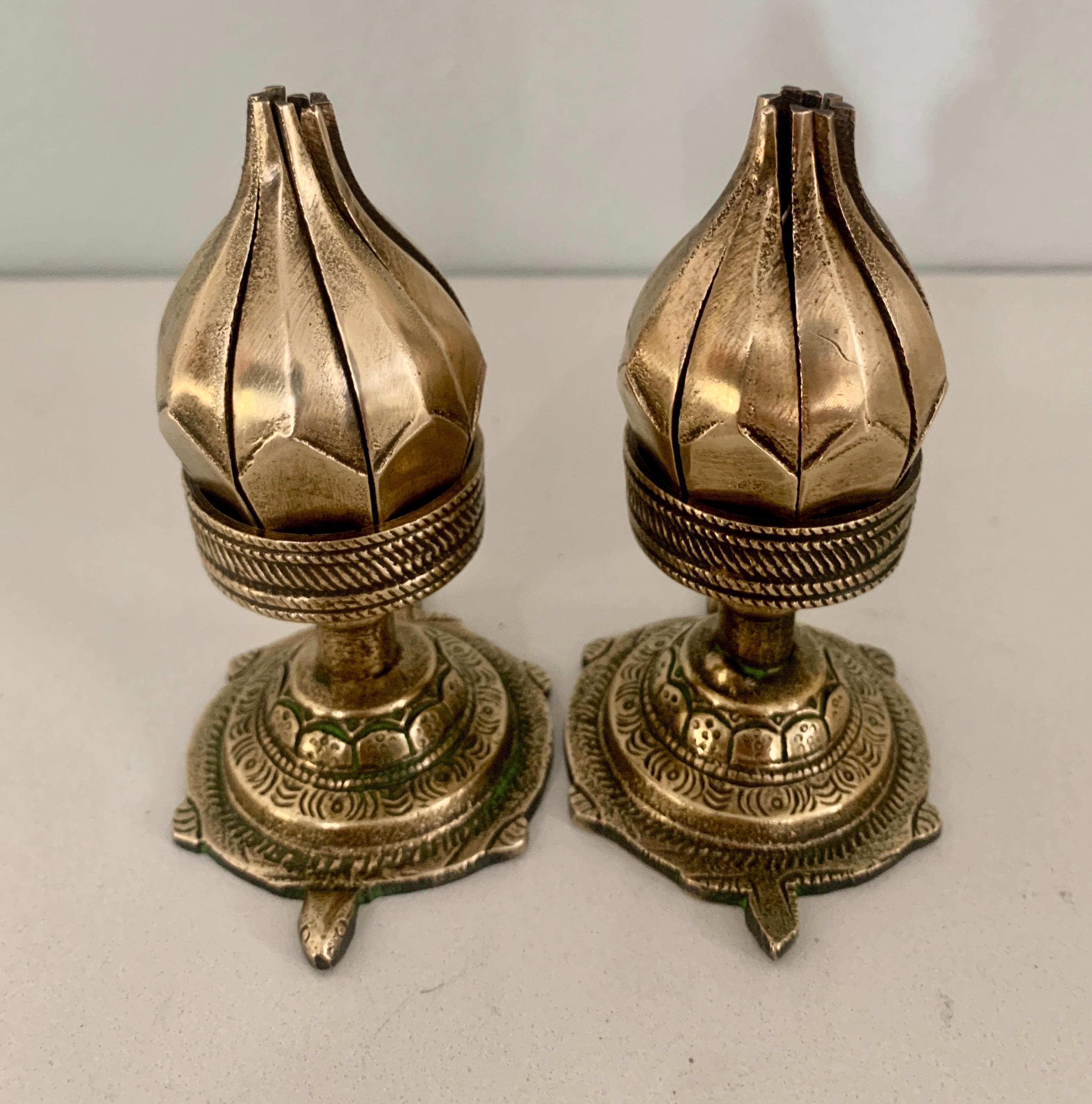 Indian Pair of Asian Brass Lotus Expandable Incense Candle Holders