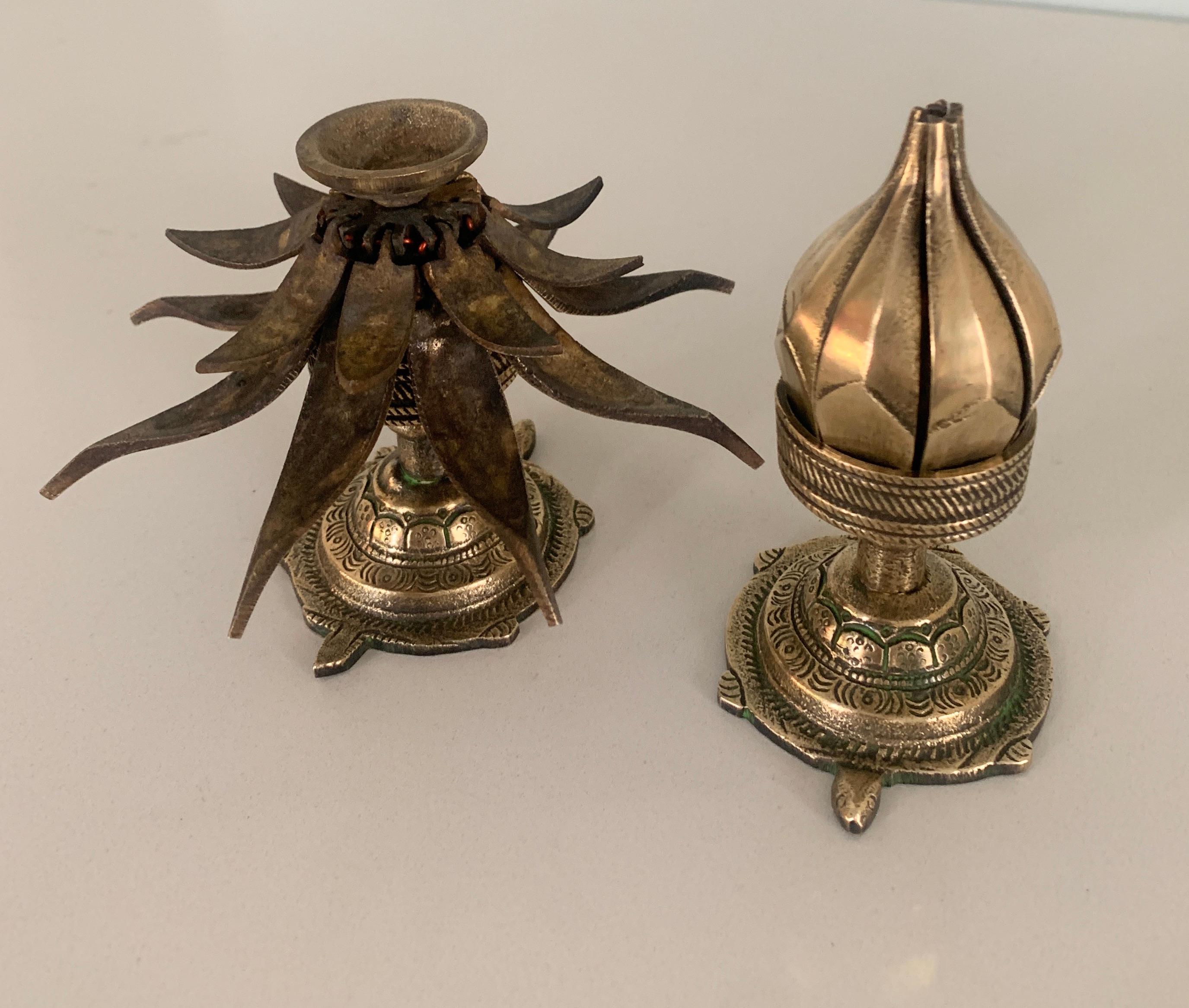 Pair of Asian Brass Lotus Expandable Incense Candle Holders In Good Condition In Los Angeles, CA