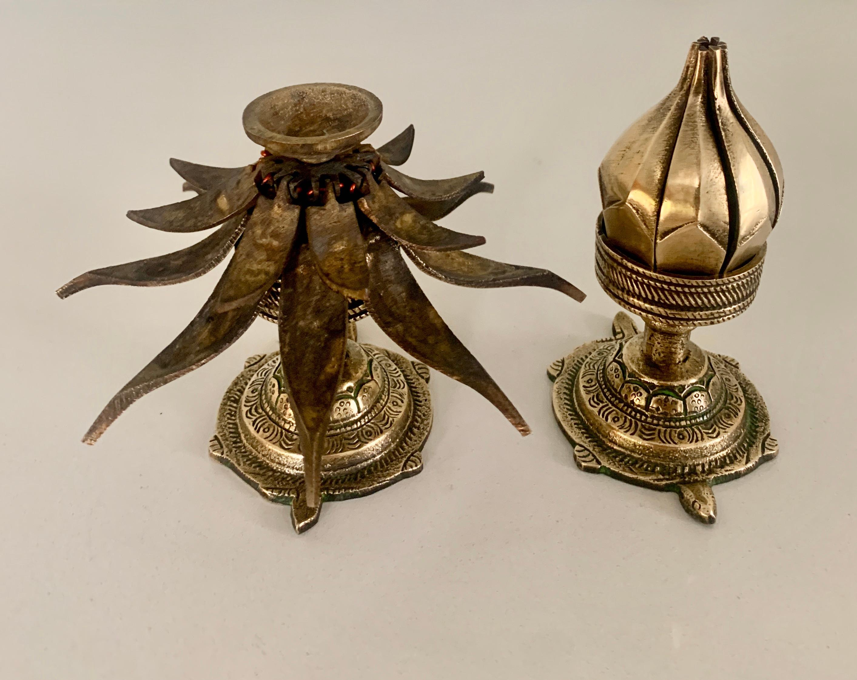 20th Century Pair of Asian Brass Lotus Expandable Incense Candle Holders