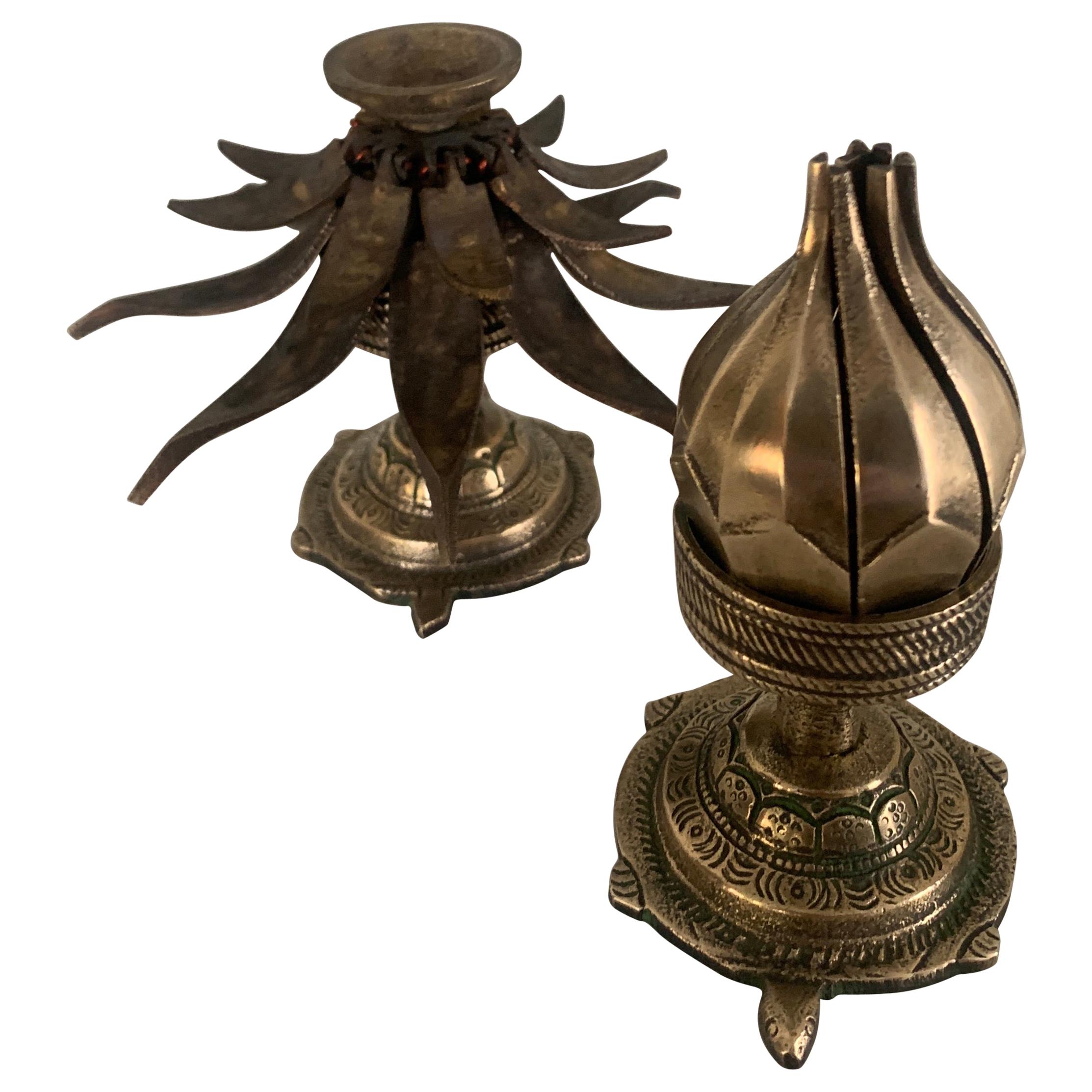 6" Antiquated brass lotus on turtle butter/wax wick CANDLE BURNER holder stand 