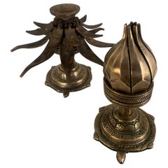 Vintage Pair of Asian Brass Lotus Expandable Incense Candle Holders
