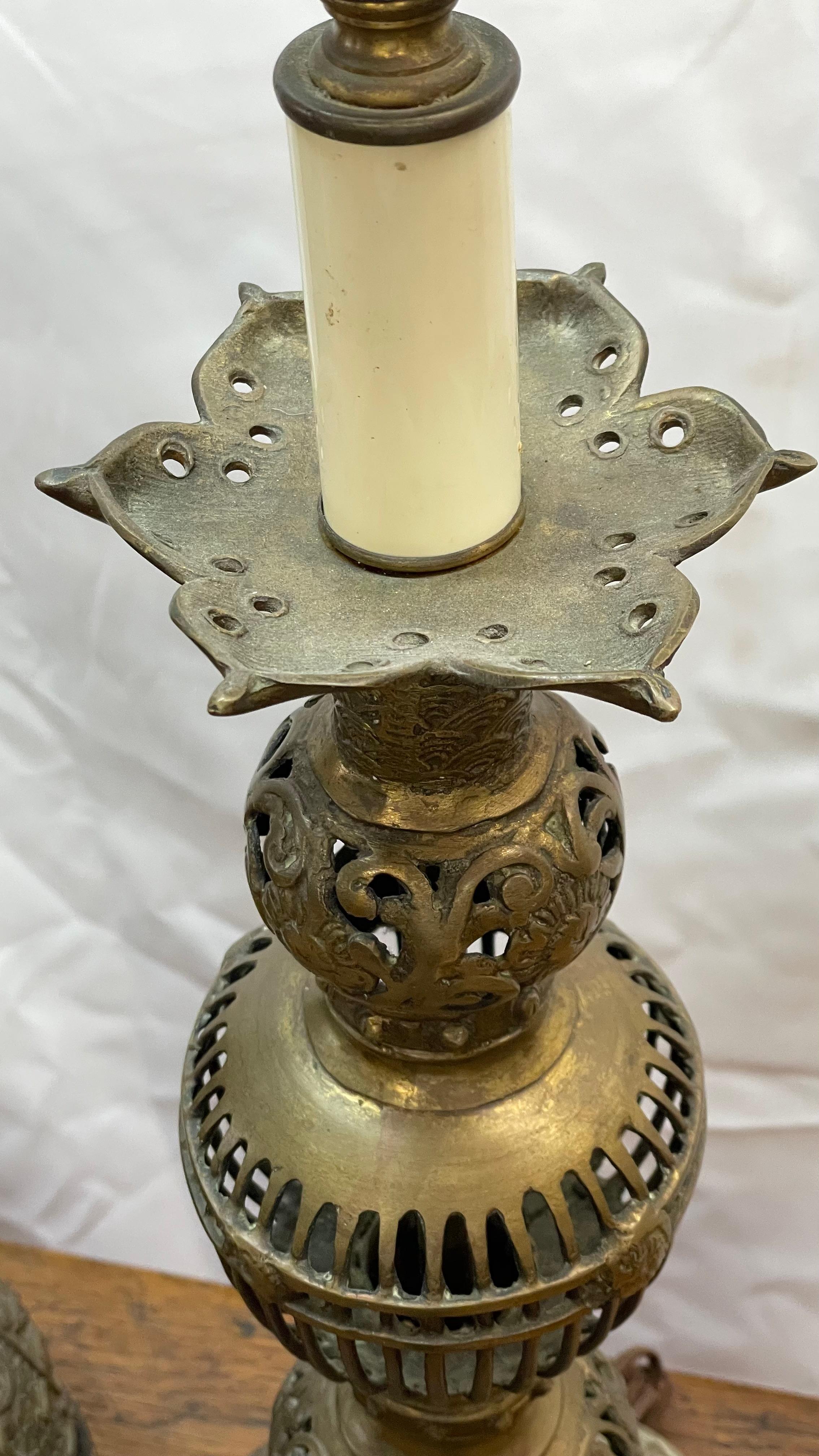 Brass Pair of Asian brass reticulated lotus table lamps For Sale