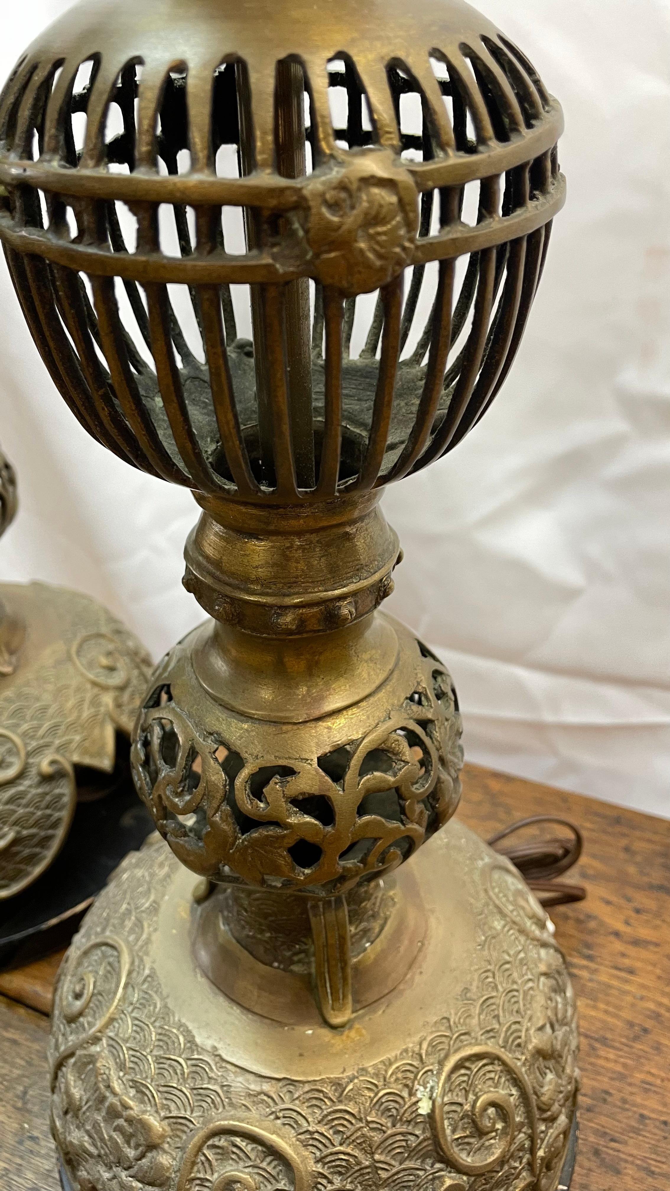 Pair of Asian brass reticulated lotus table lamps For Sale 1