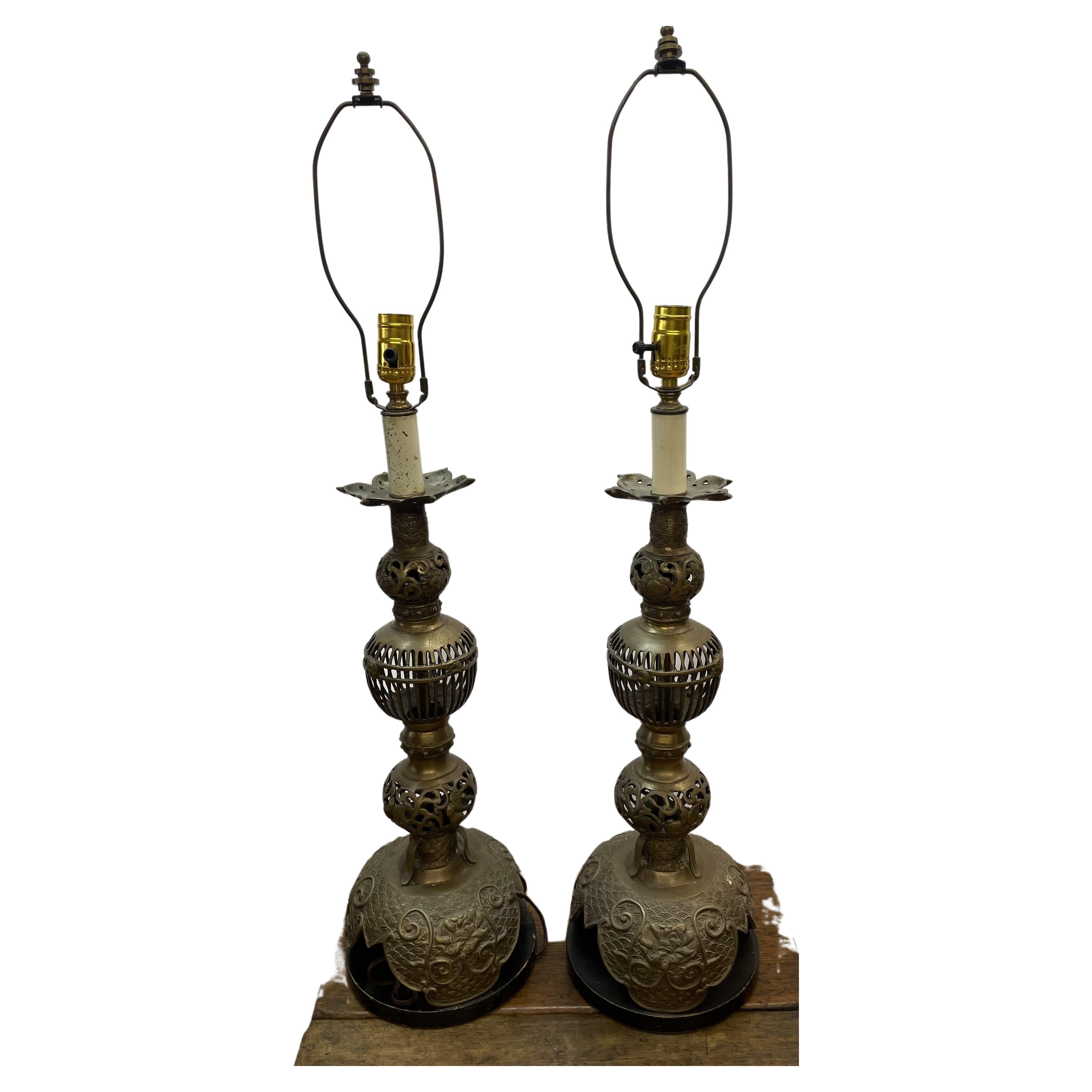 Pair of Asian brass reticulated lotus table lamps For Sale