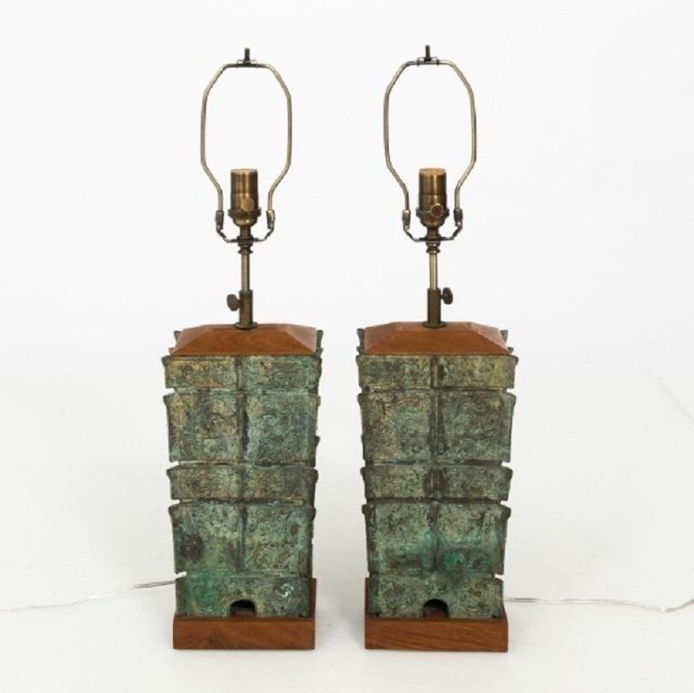 20th Century Pair of Asian Bronze Lamps, circa 1910