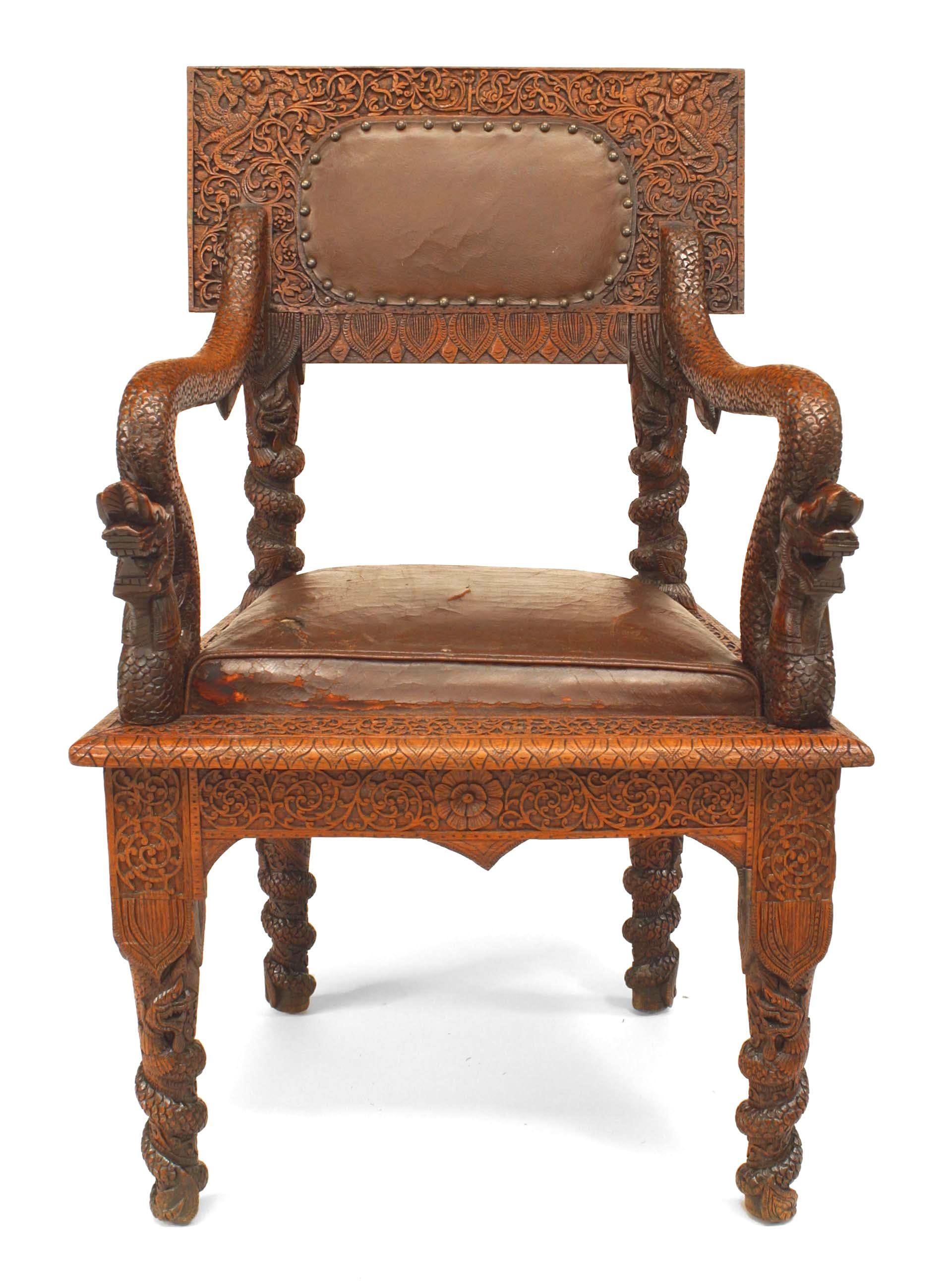 Pair of Asian Burmese Style, 19th Century Oak Carved Armchairs In Good Condition For Sale In New York, NY