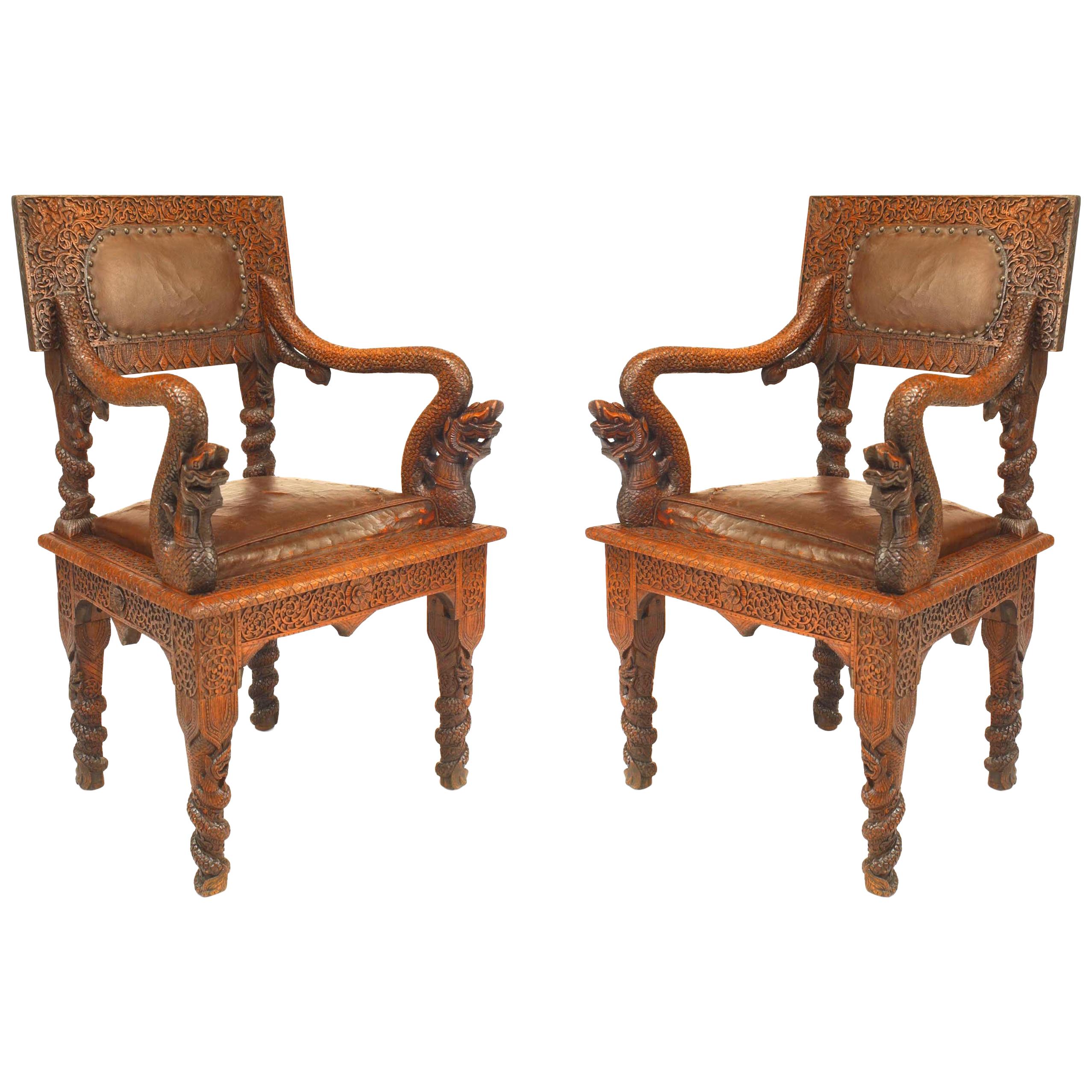 Pair of Asian Burmese Style, 19th Century Oak Carved Armchairs