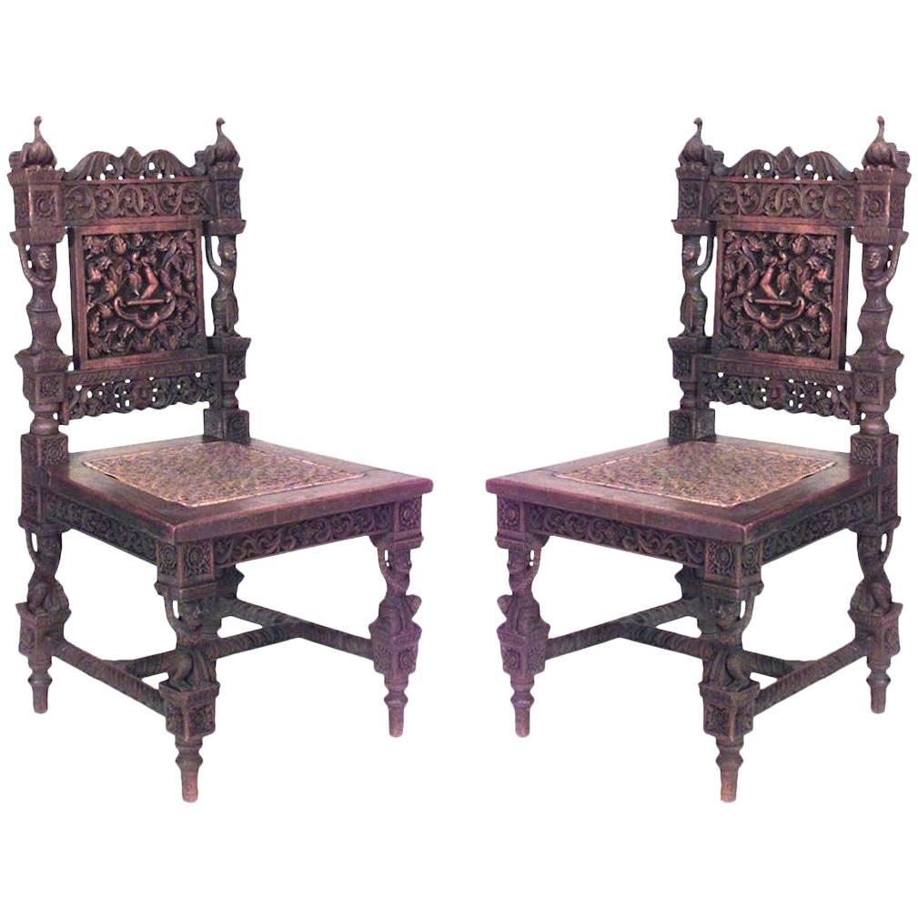 Pair of Asian Burmese Teak Carved Side Chairs For Sale