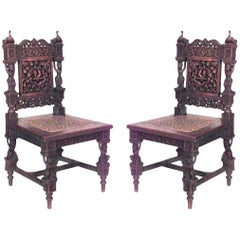 Pair of Asian Burmese Teak Carved Side Chairs