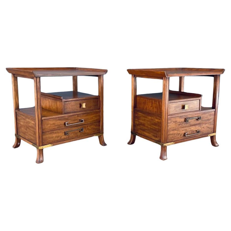 Newly Refinished - Pair of Asian Campaign Style Nightstands By Grosfeld House