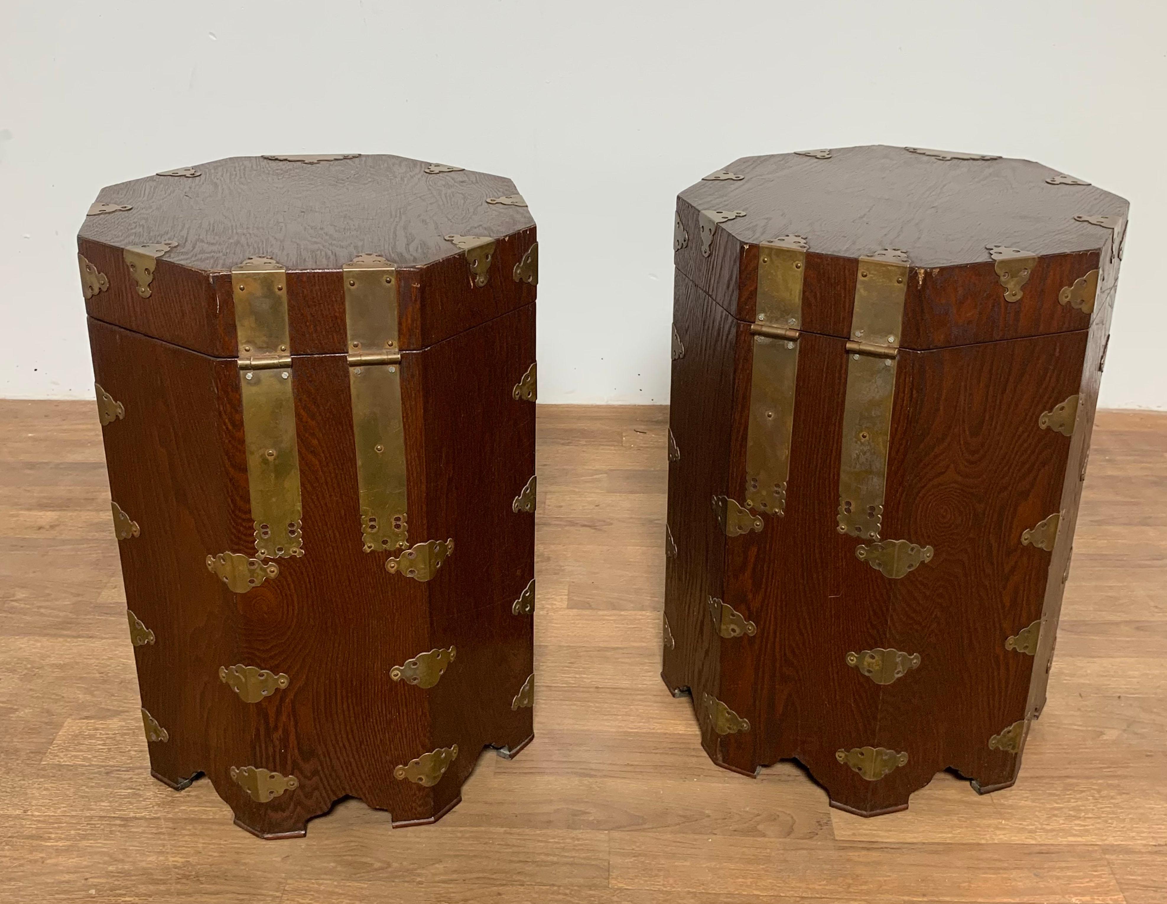 Pair of Asian Campaign Style Octagonal Lidded Chests Circa 1950s 5