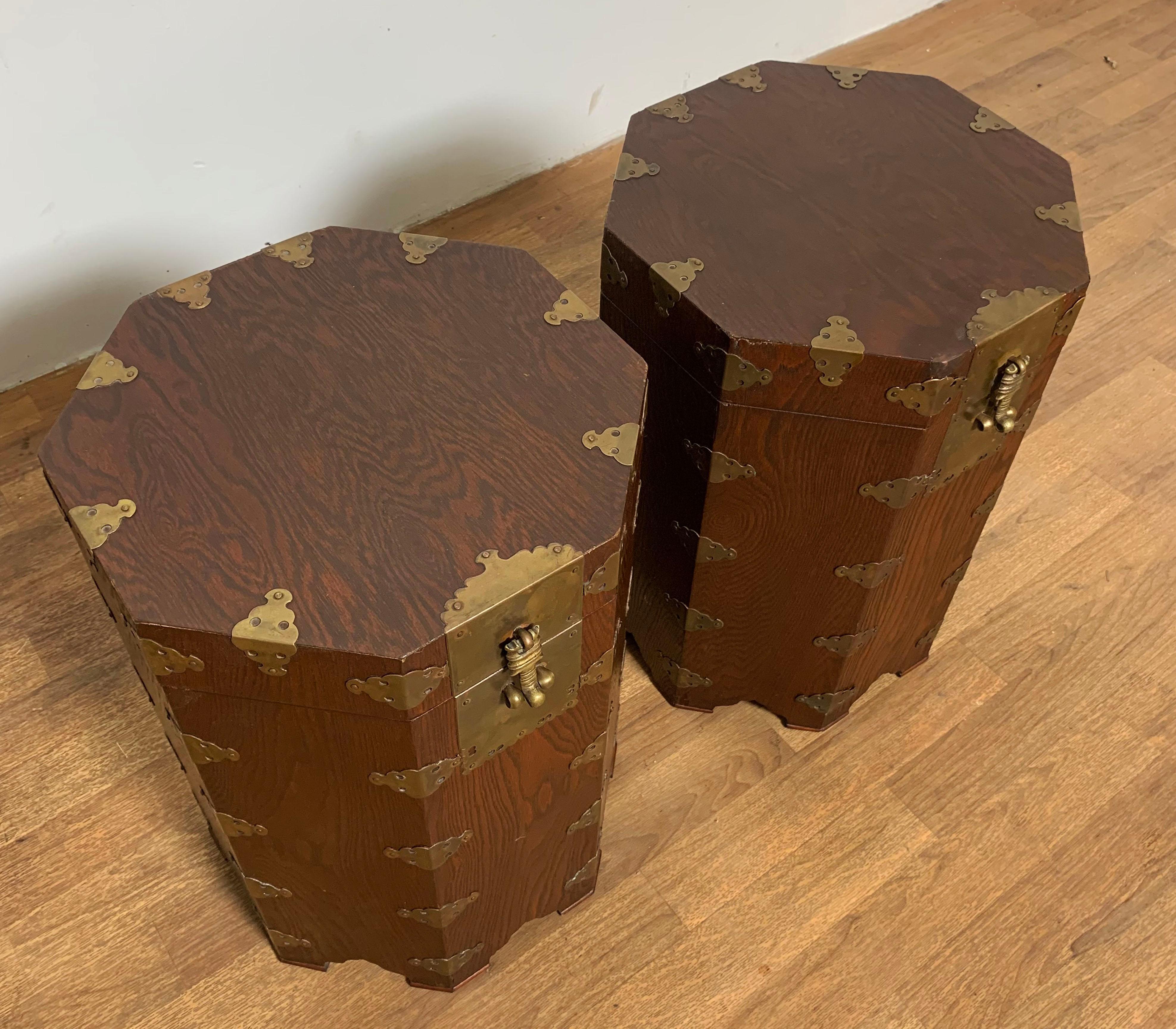 Hong Kong Pair of Asian Campaign Style Octagonal Lidded Chests Circa 1950s
