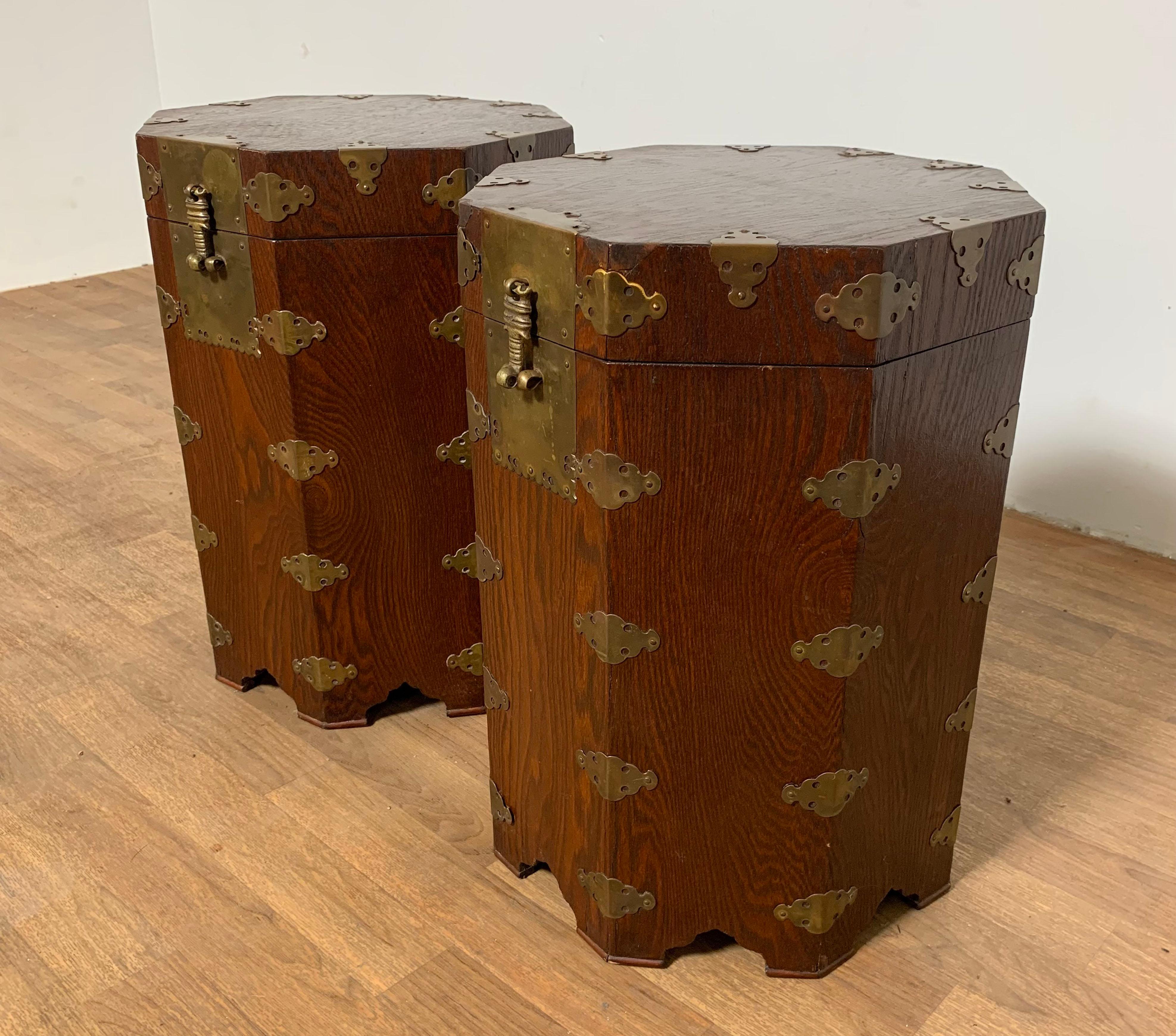 Pair of Asian Campaign Style Octagonal Lidded Chests Circa 1950s In Good Condition In Peabody, MA