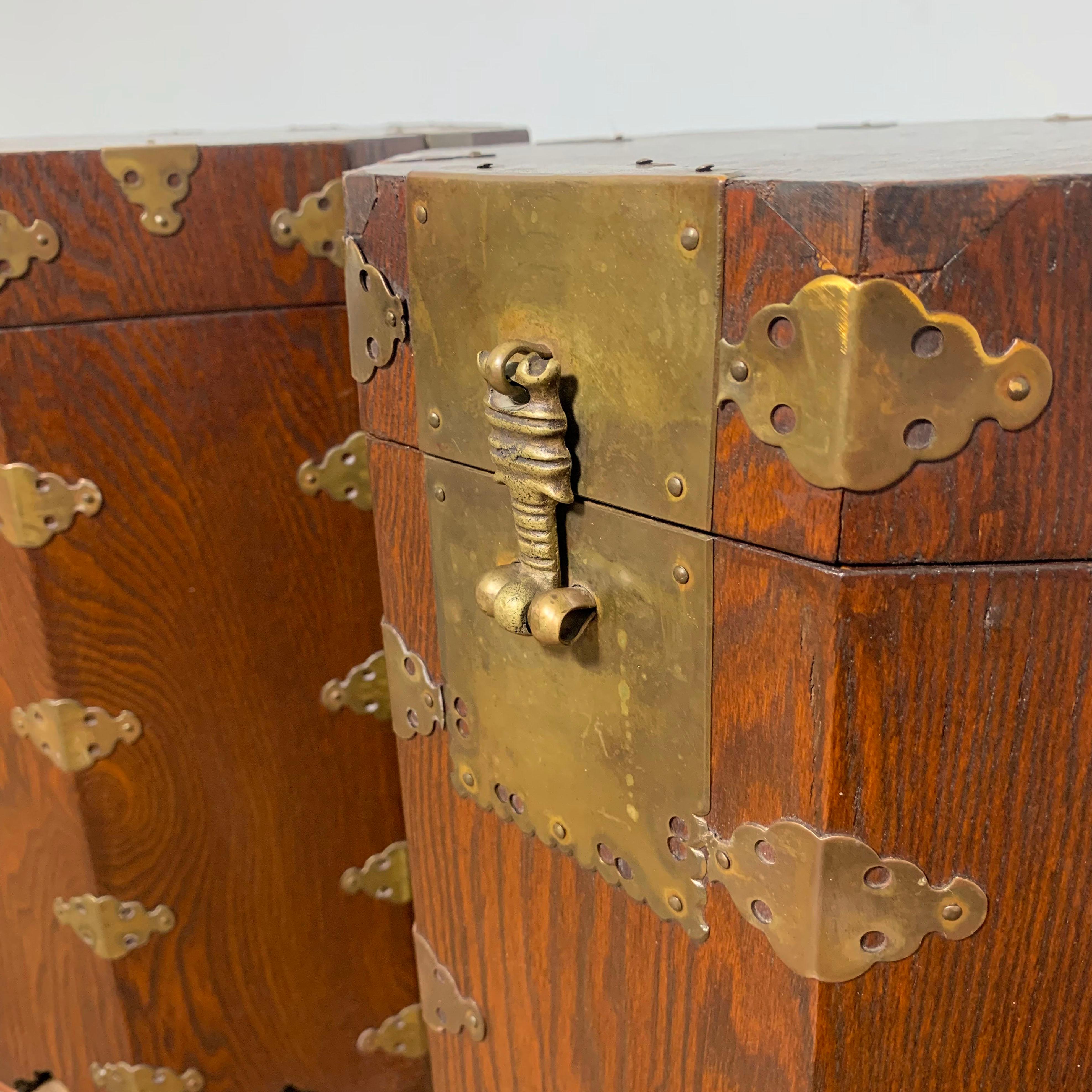 Mid-20th Century Pair of Asian Campaign Style Octagonal Lidded Chests Circa 1950s