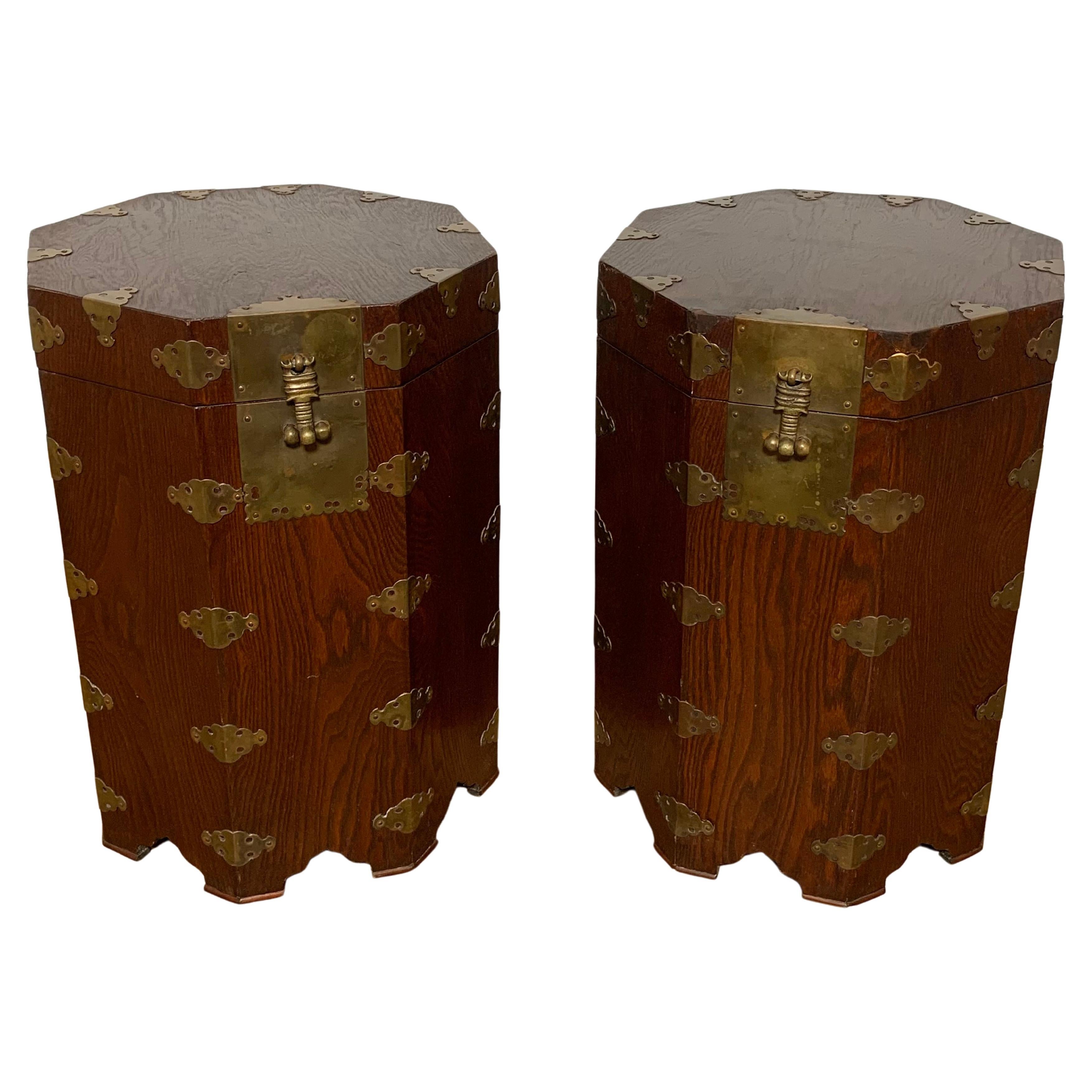 Pair of Asian Campaign Style Octagonal Lidded Chests Circa 1950s
