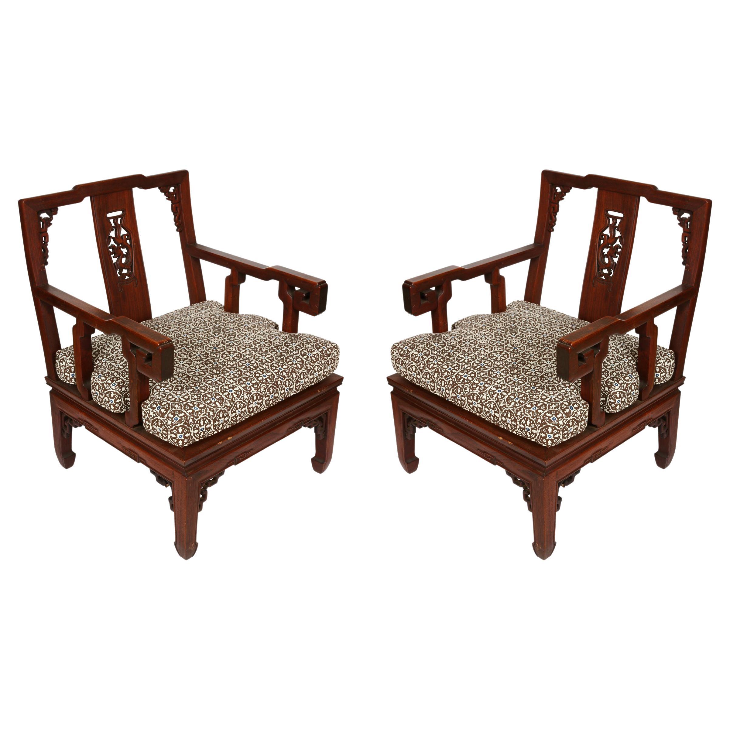 Pair of Asian Carved Hardwood Chairs For Sale