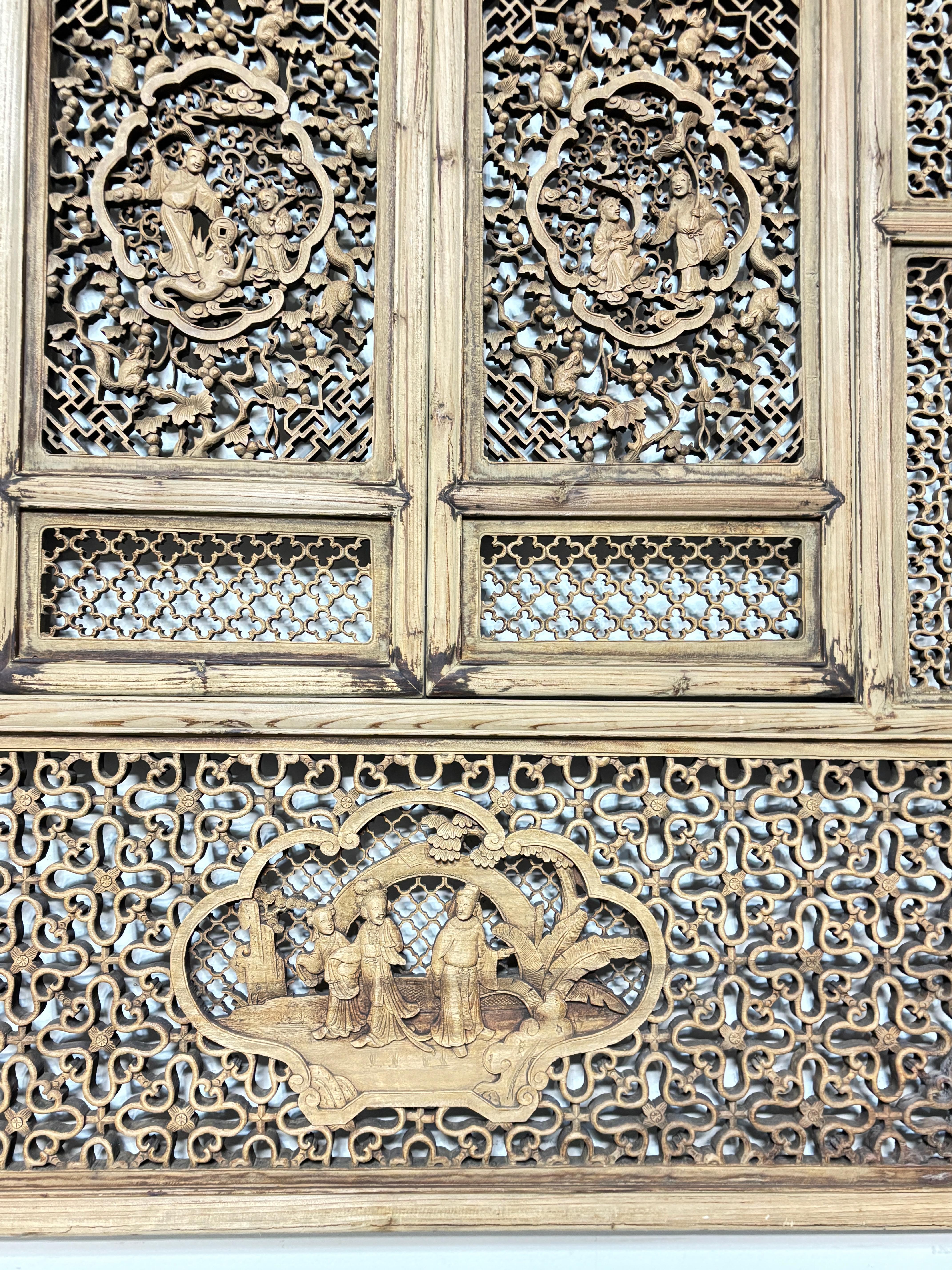 Chinese Pair of Asian Carved Wood Window Wall Panels , 19th Century For Sale